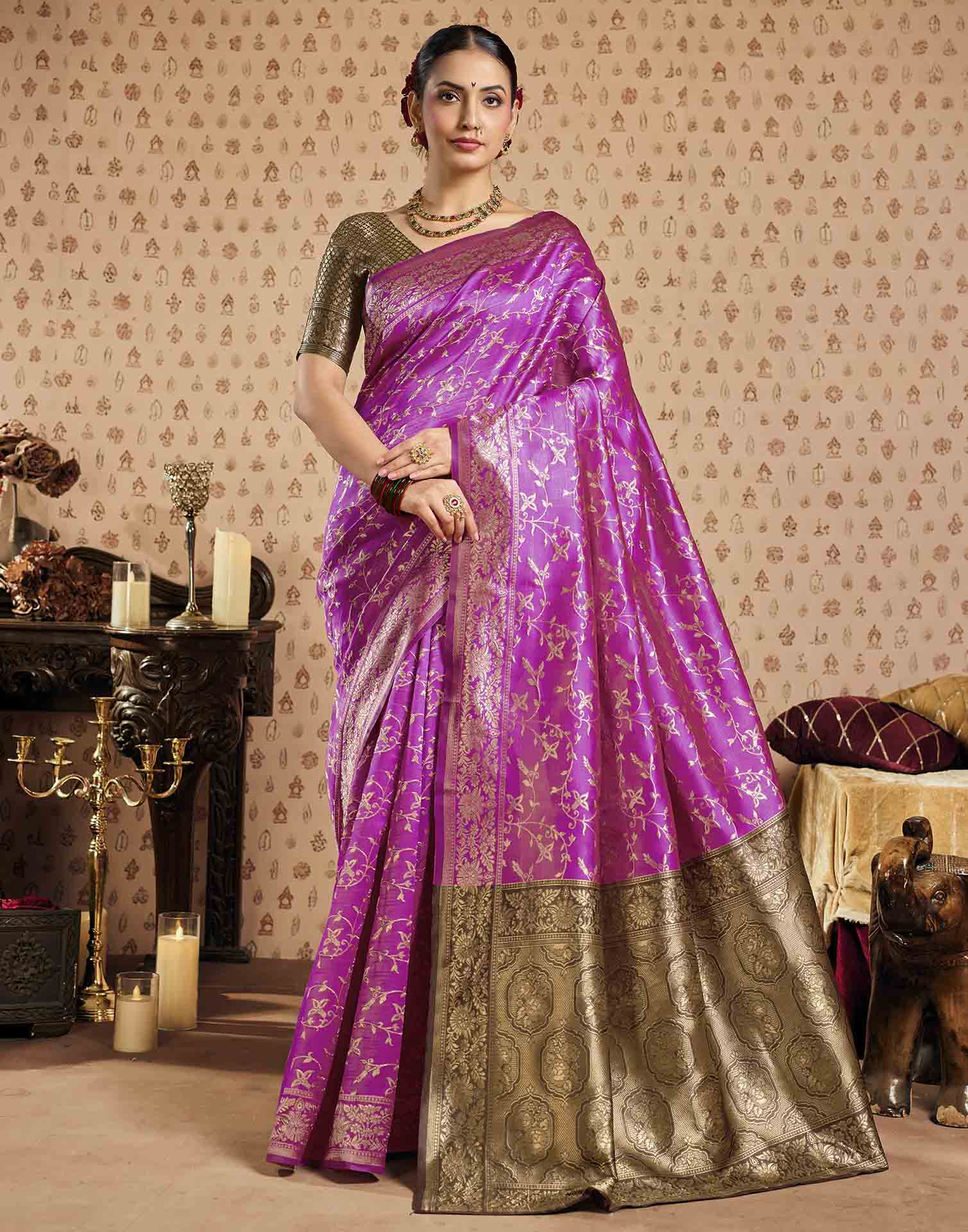 Pink,Brown Silk Woven Banarasi Saree