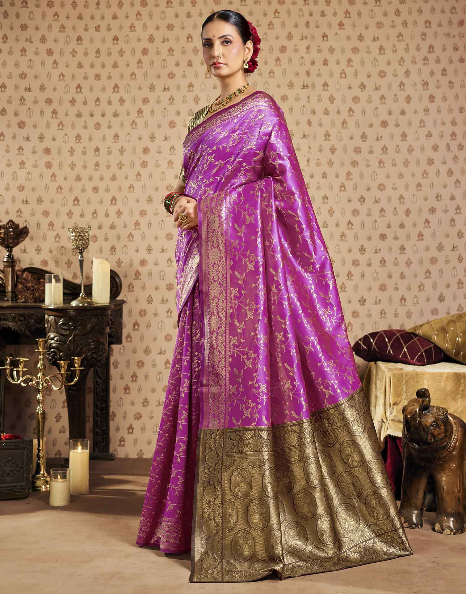 Pink,Brown Silk Woven Banarasi Saree