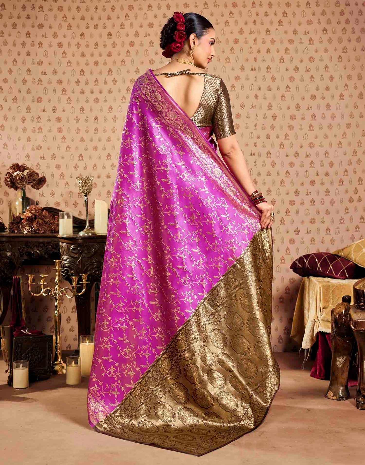 Pink,Brown Silk Woven Banarasi Saree