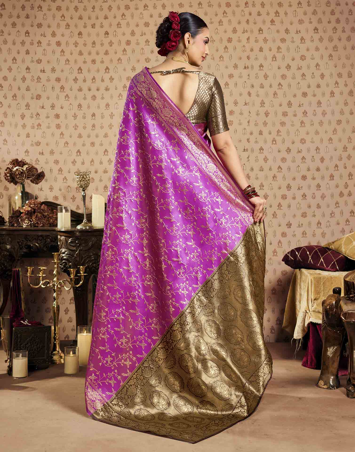 Pink,Brown Silk Woven Banarasi Saree