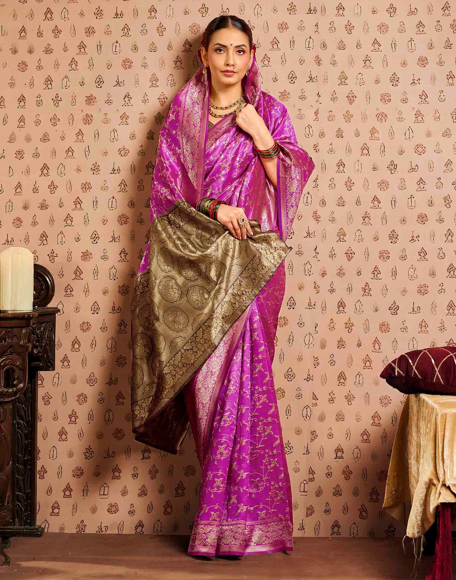 Pink,Brown Silk Woven Banarasi Saree