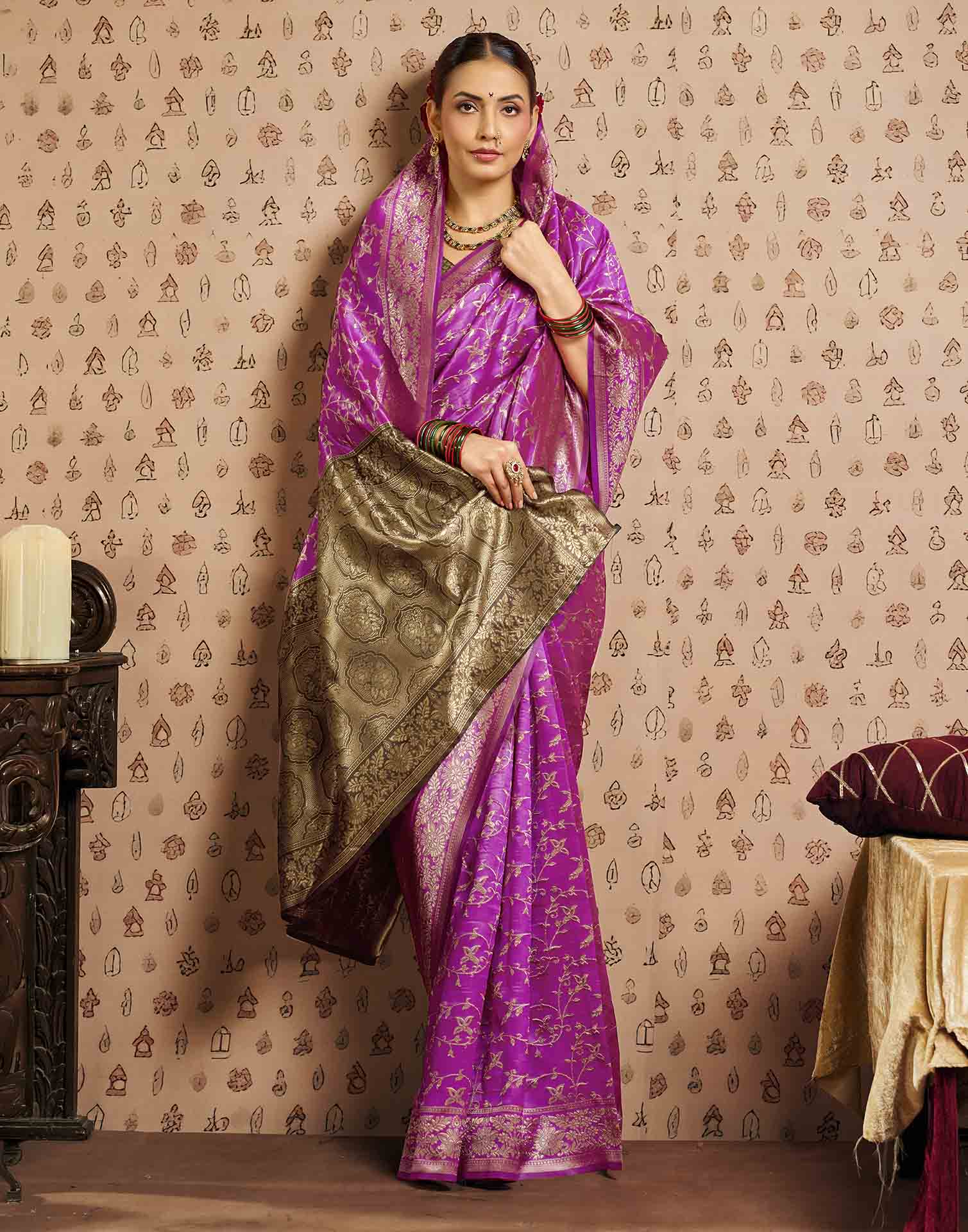 Pink,Brown Silk Woven Banarasi Saree