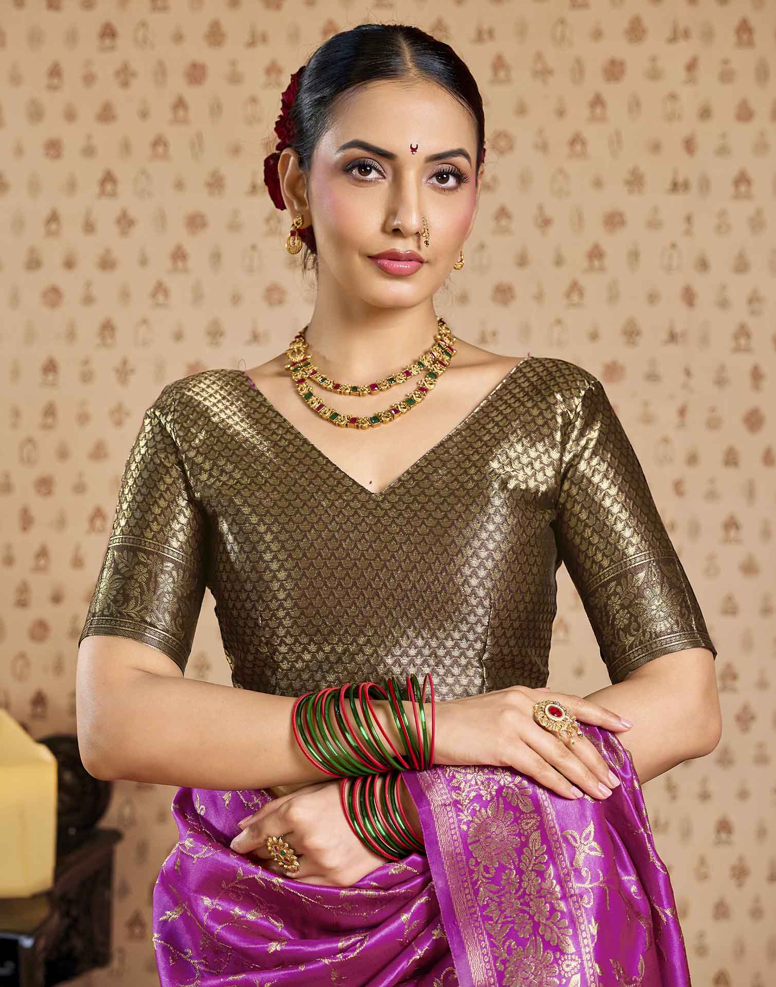 Pink,Brown Silk Woven Banarasi Saree