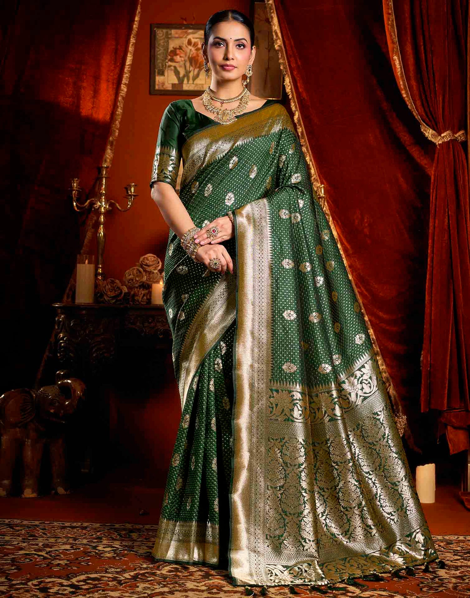 Dark Green Silk Woven Banarasi Saree