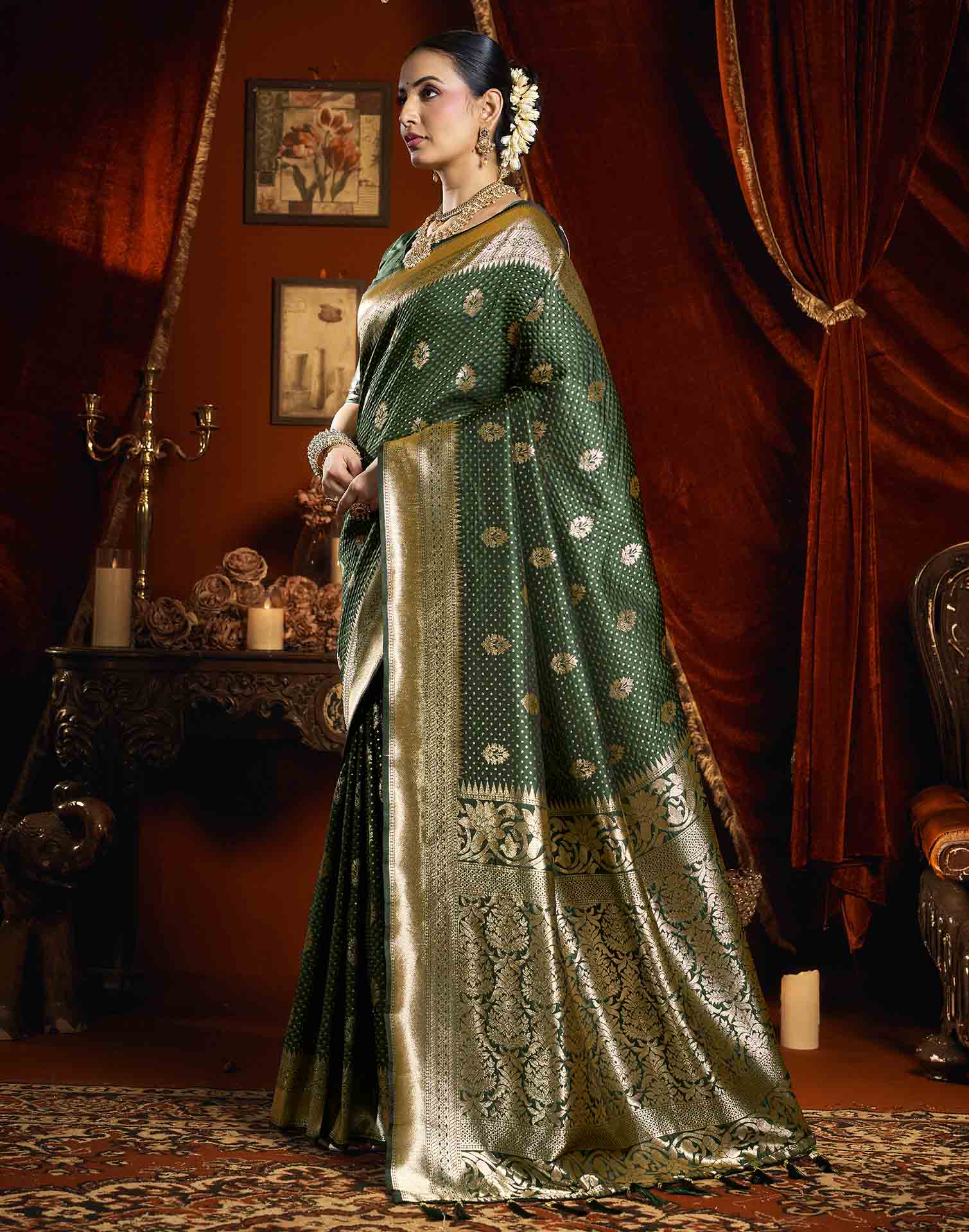 Dark Green Silk Woven Banarasi Saree