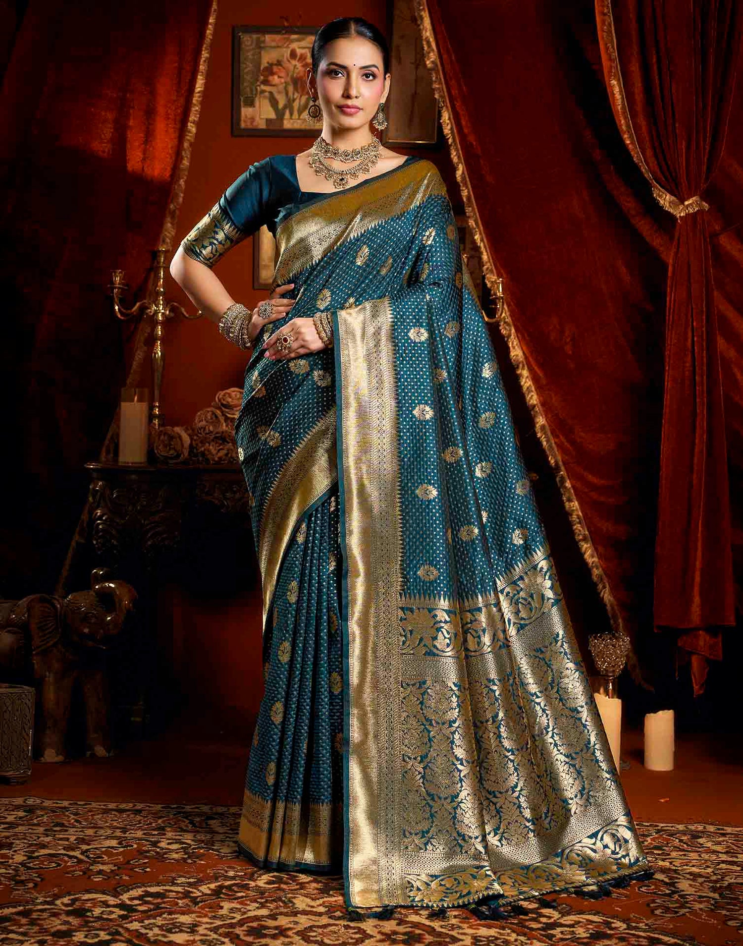 Dark Blue Silk Woven Banarasi Saree