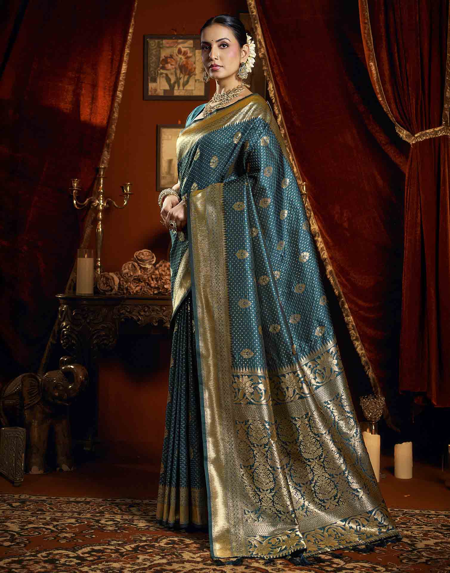 Dark Blue Silk Woven Banarasi Saree