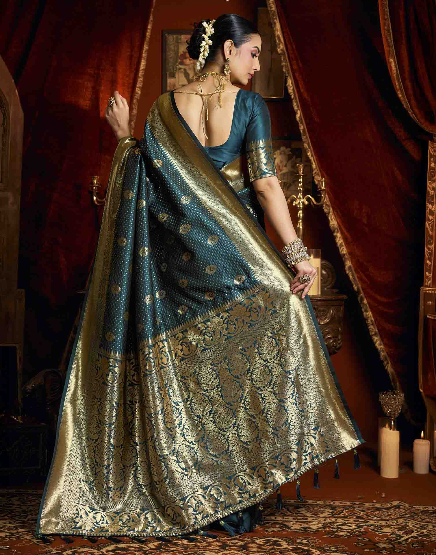 Dark Blue Silk Woven Banarasi Saree