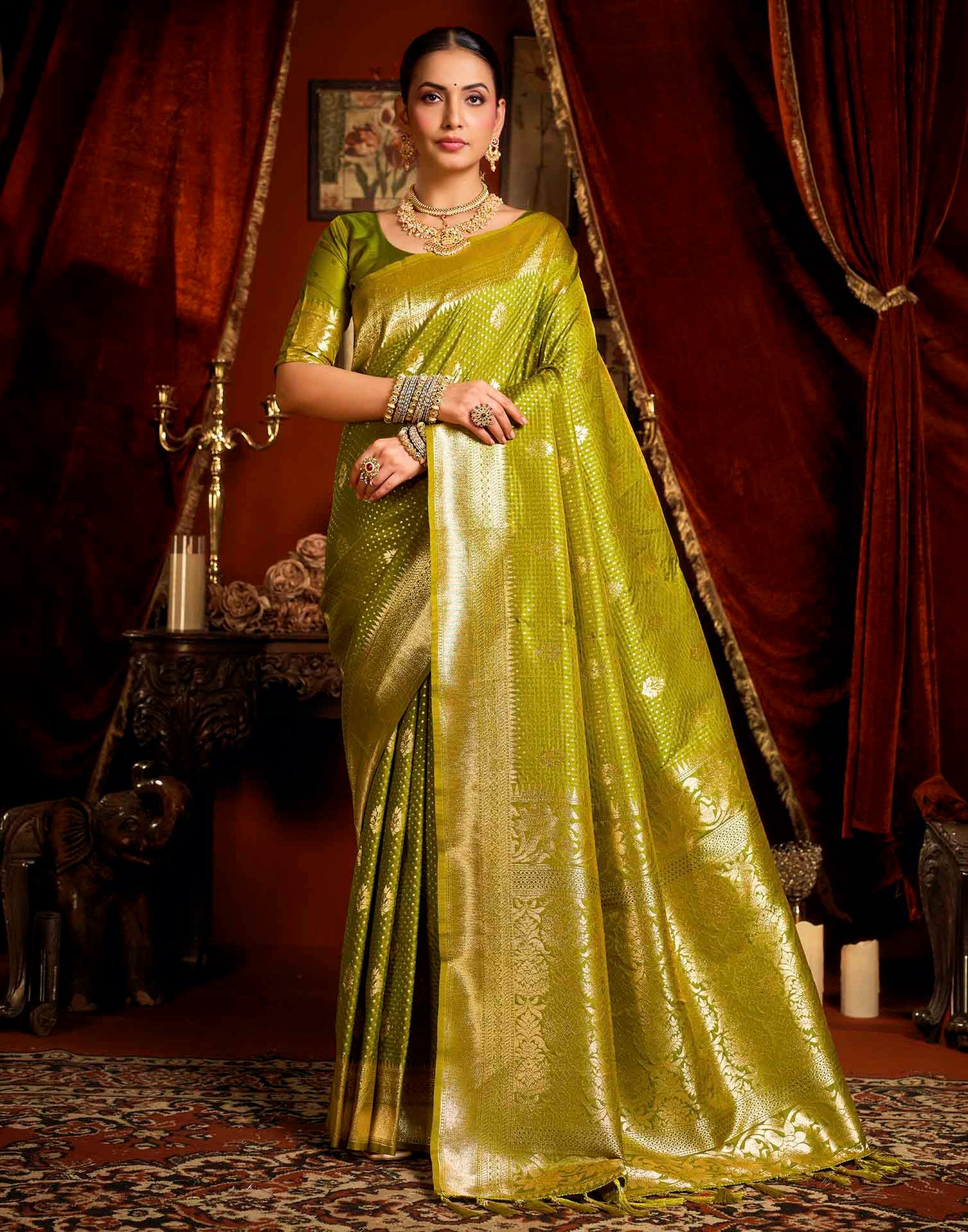Parrot Green Silk Woven Banarasi Saree
