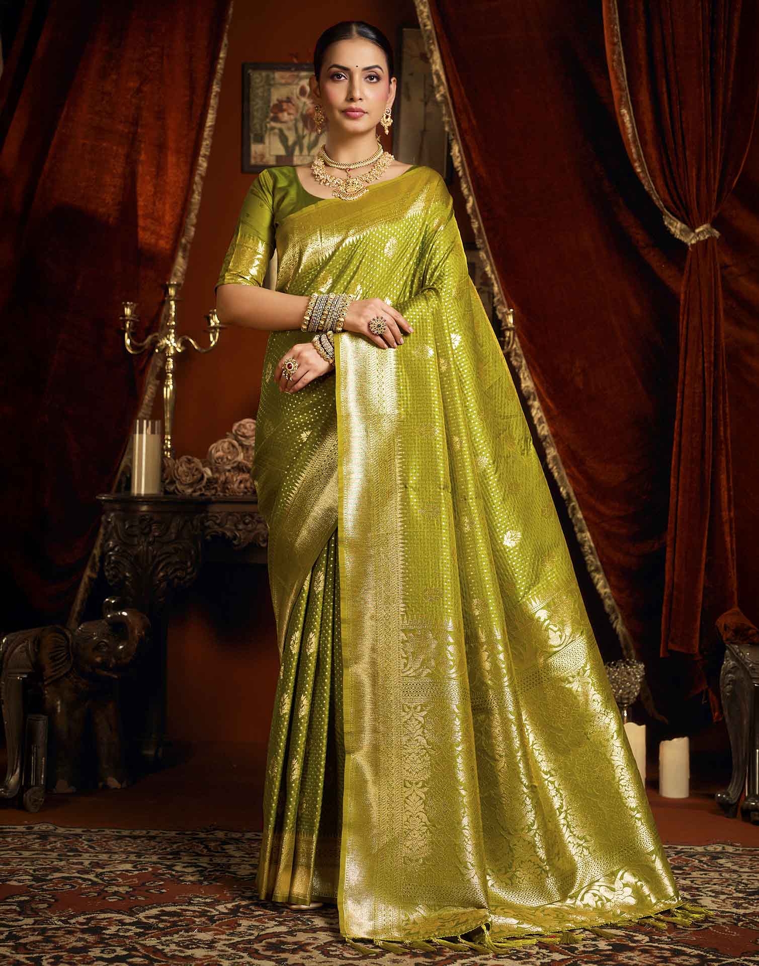 Parrot Green Silk Woven Banarasi Saree