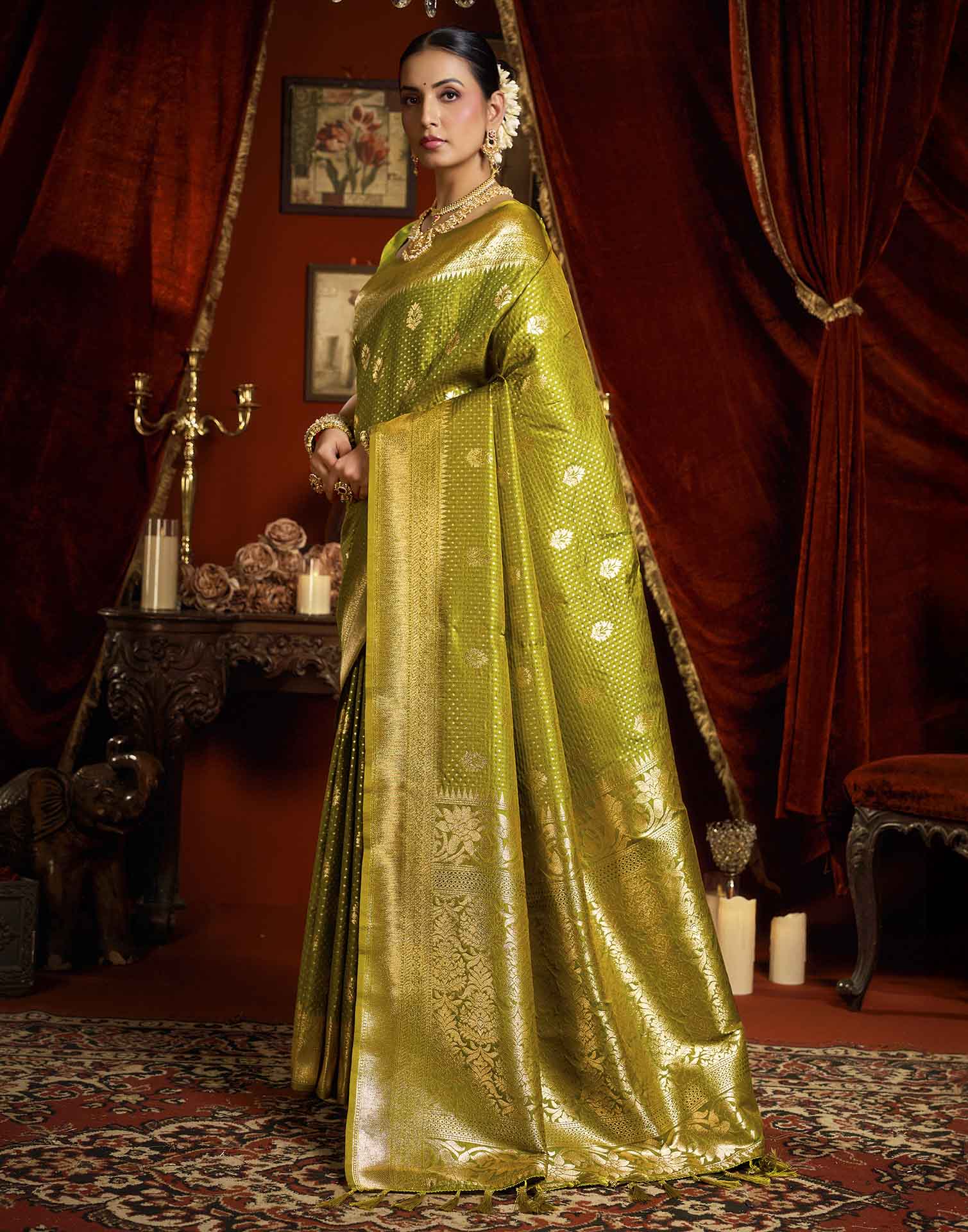 Parrot Green Silk Woven Banarasi Saree