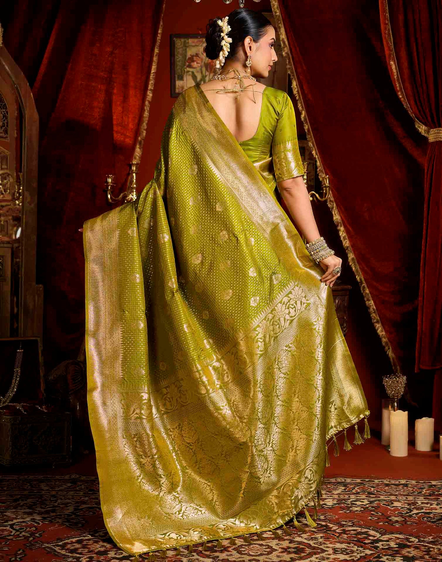 Parrot Green Silk Woven Banarasi Saree