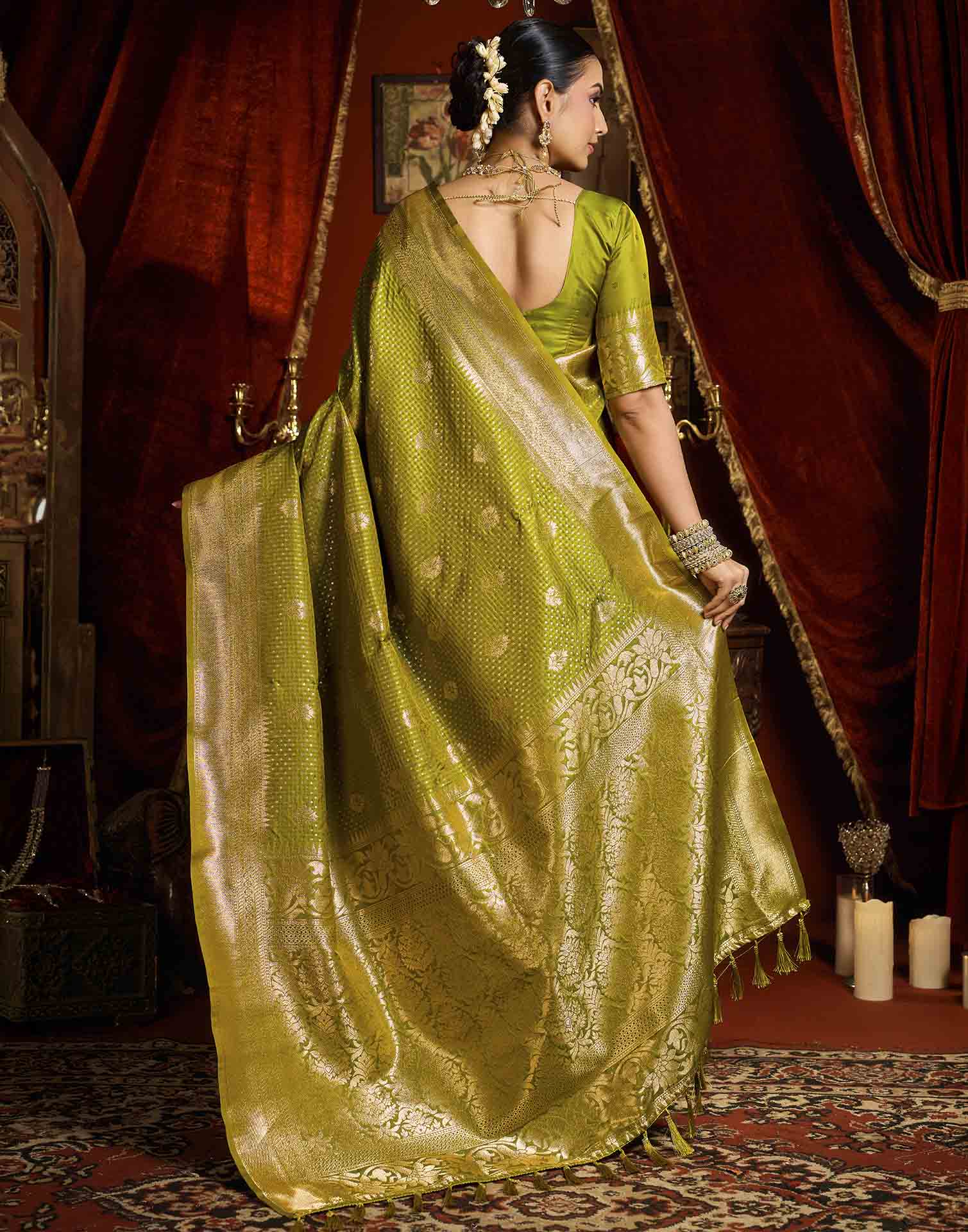 Parrot Green Silk Woven Banarasi Saree