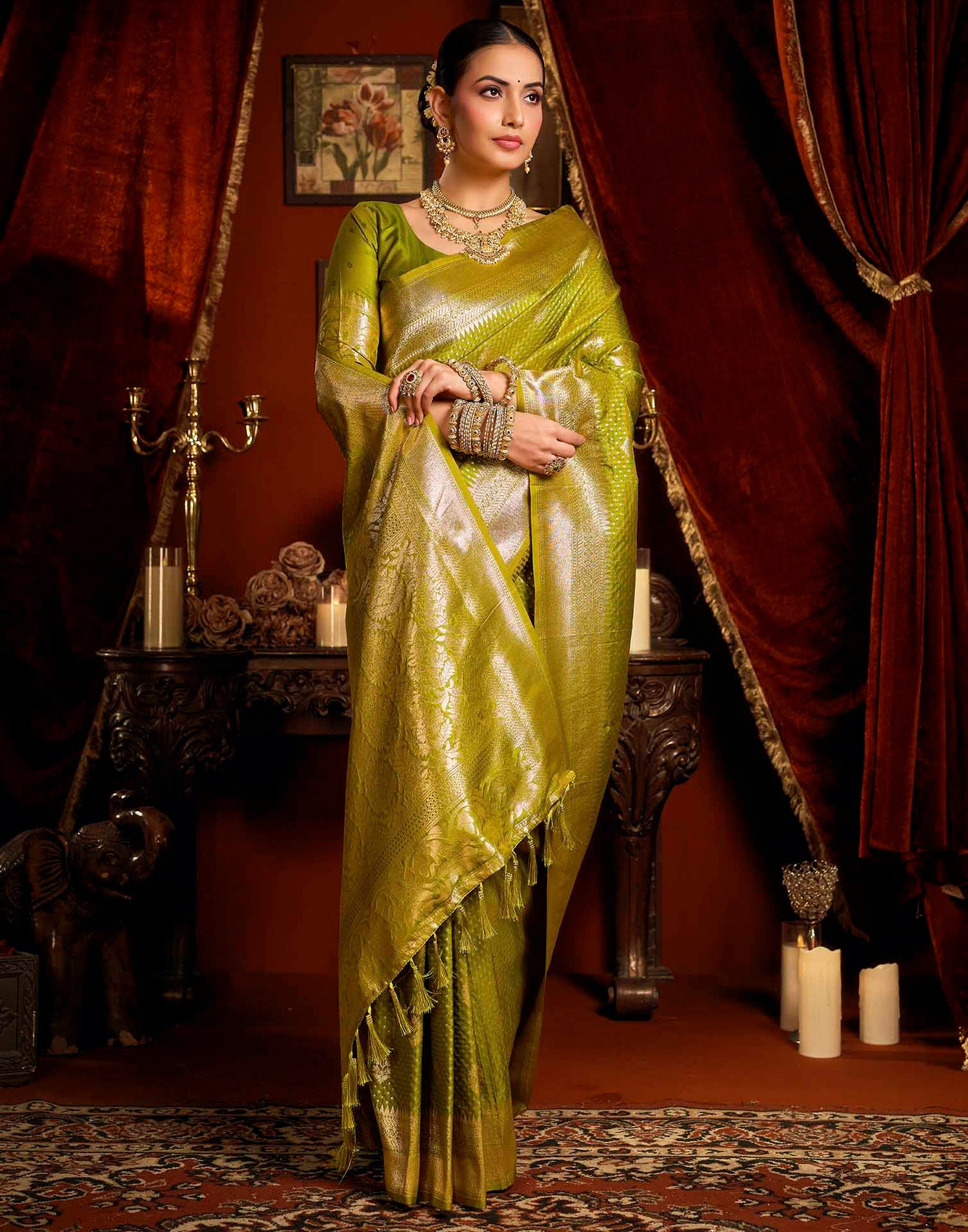 Parrot Green Silk Woven Banarasi Saree