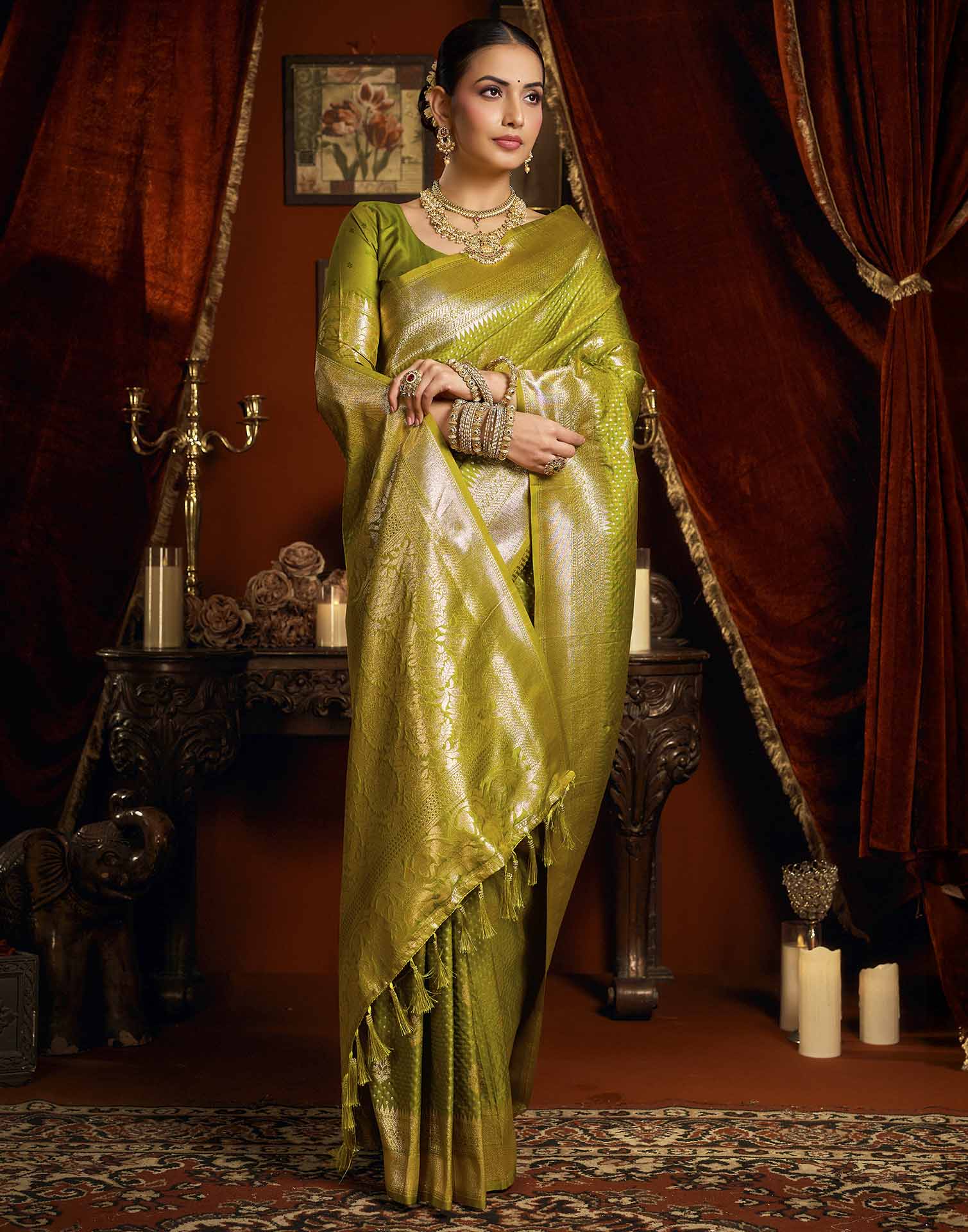Parrot Green Silk Woven Banarasi Saree
