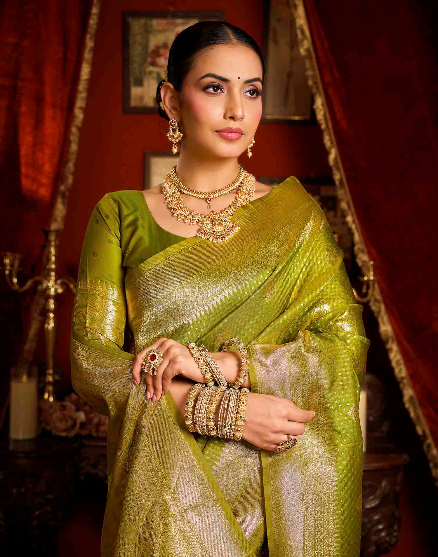Parrot Green Silk Woven Banarasi Saree
