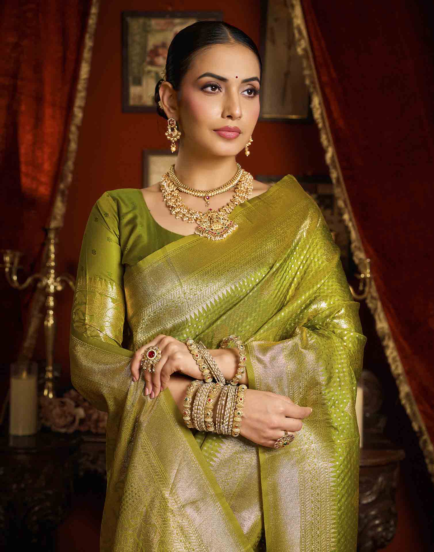 Parrot Green Silk Woven Banarasi Saree