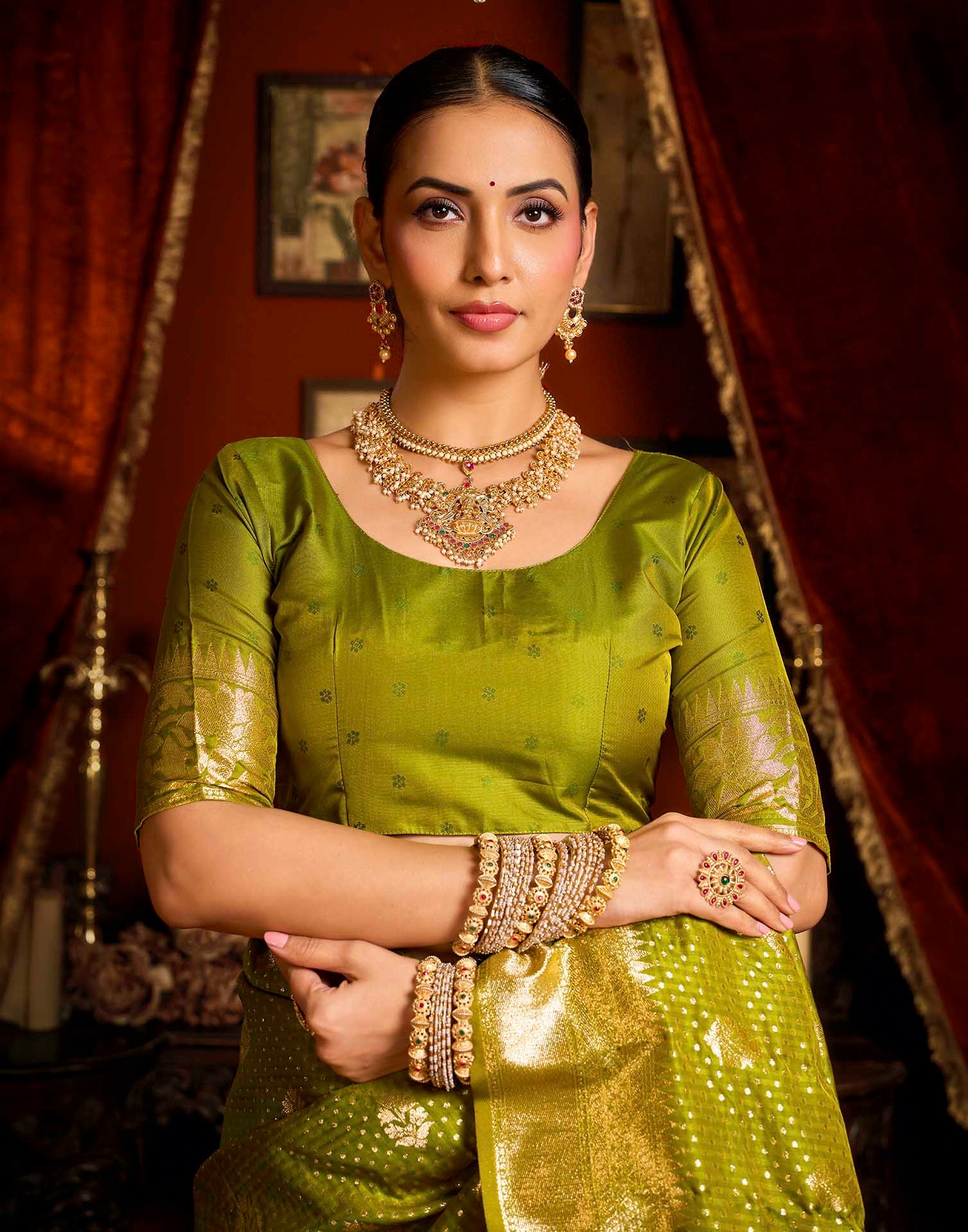 Parrot Green Silk Woven Banarasi Saree