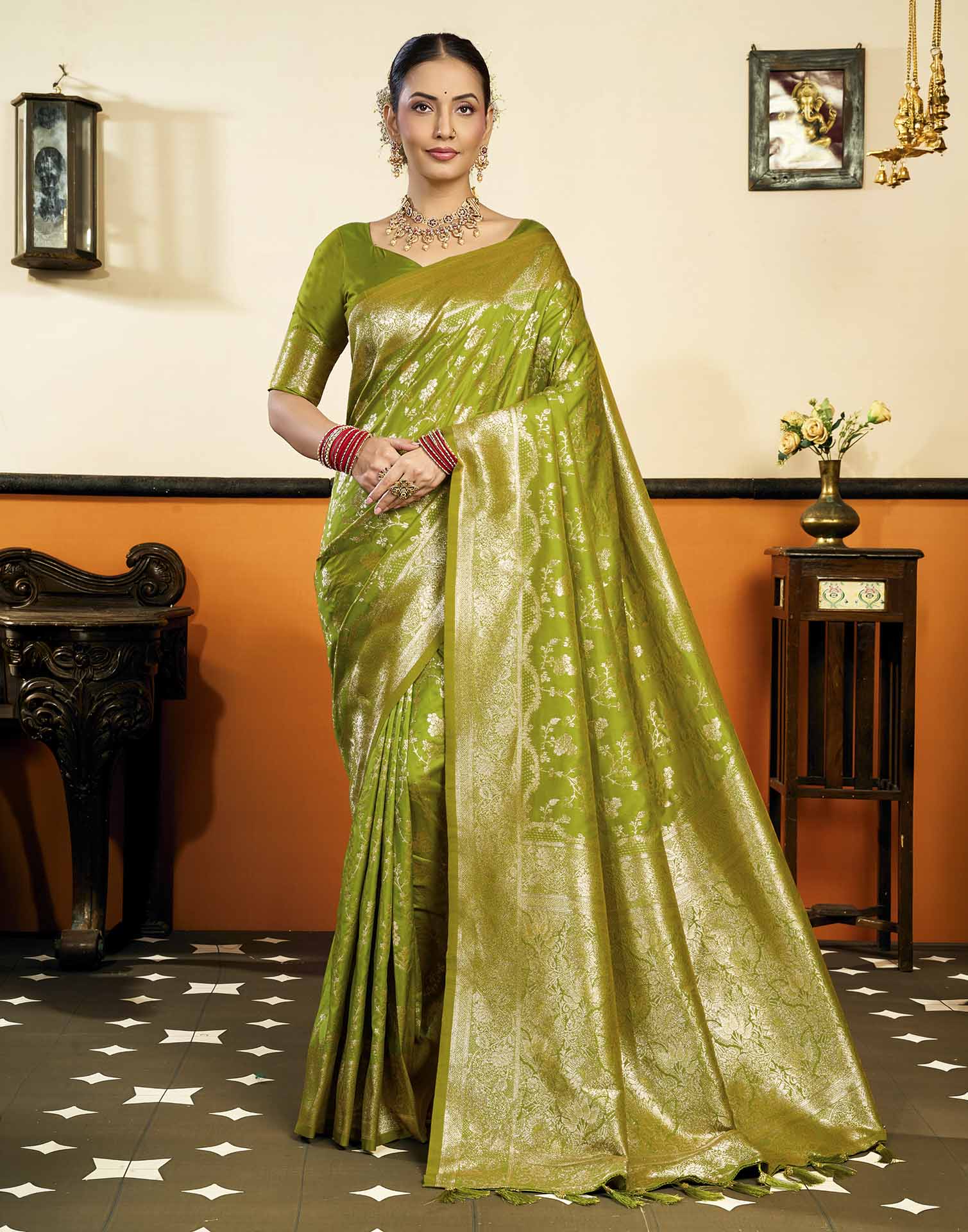 Parrot Green Silk Woven Banarasi Saree