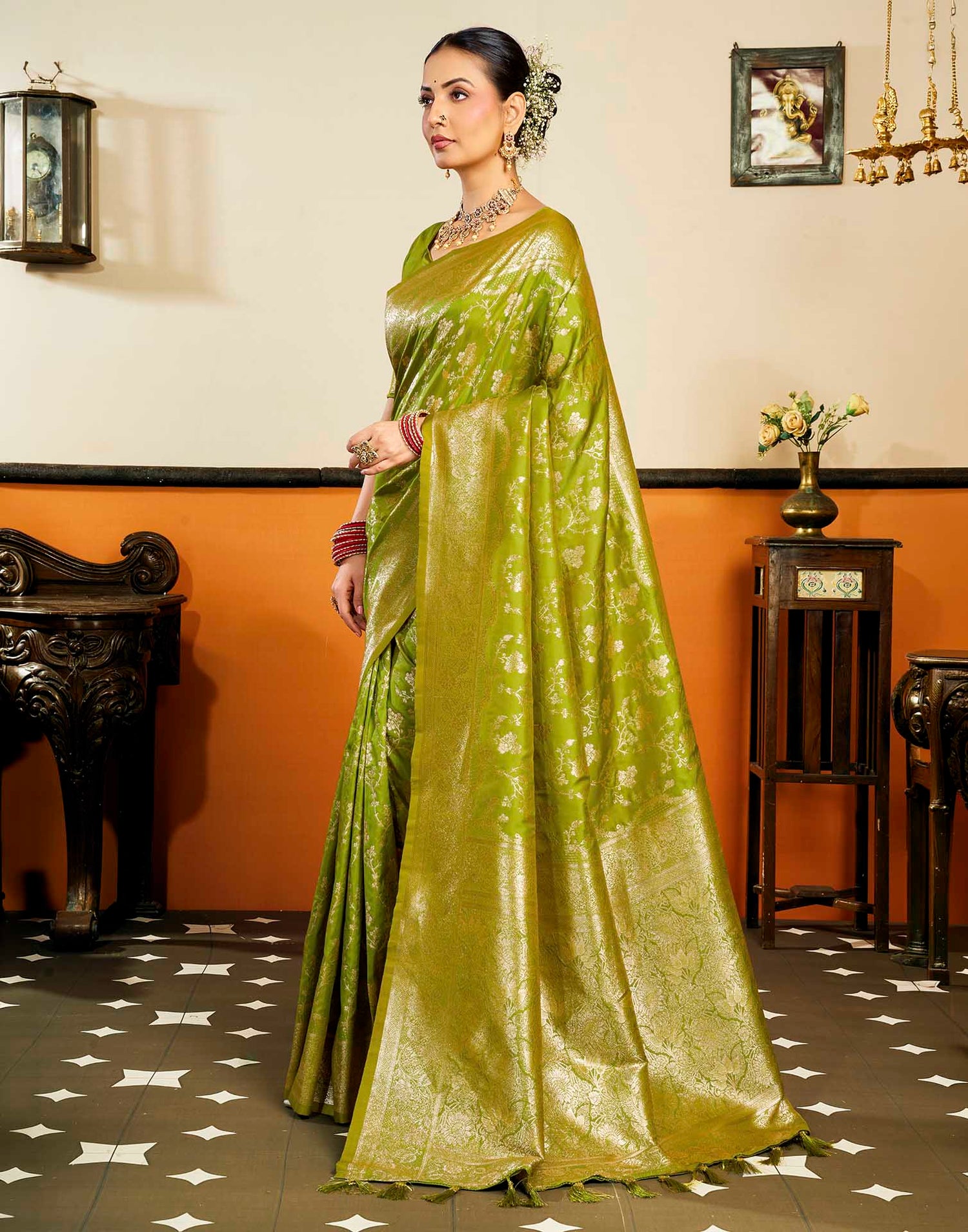 Parrot Green Silk Woven Banarasi Saree