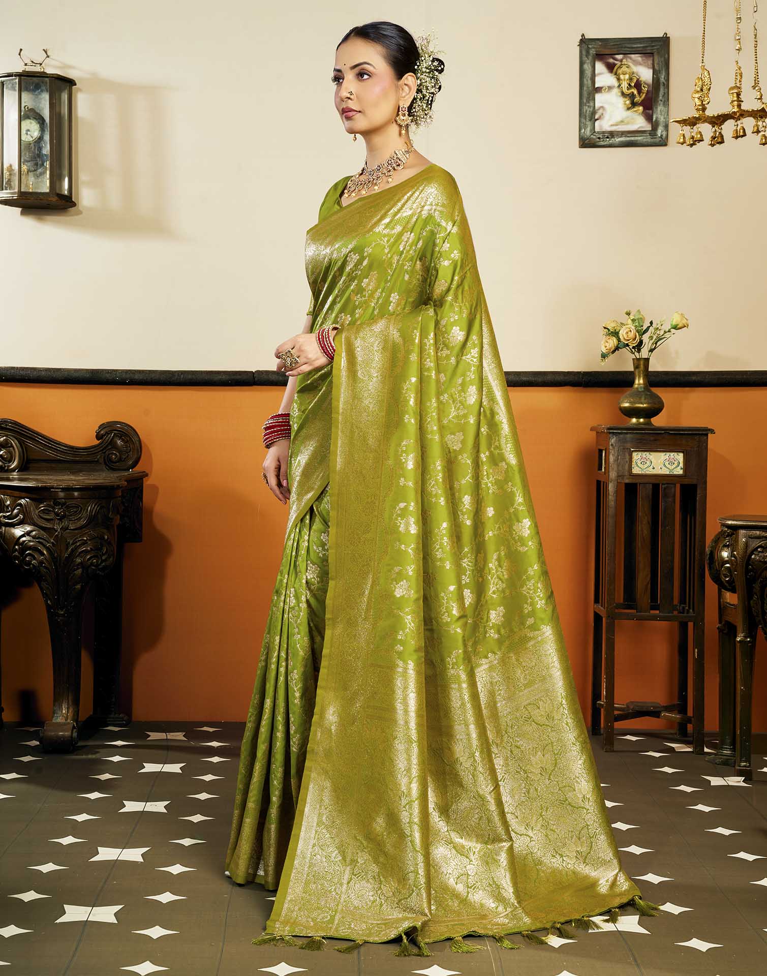 Parrot Green Silk Woven Banarasi Saree