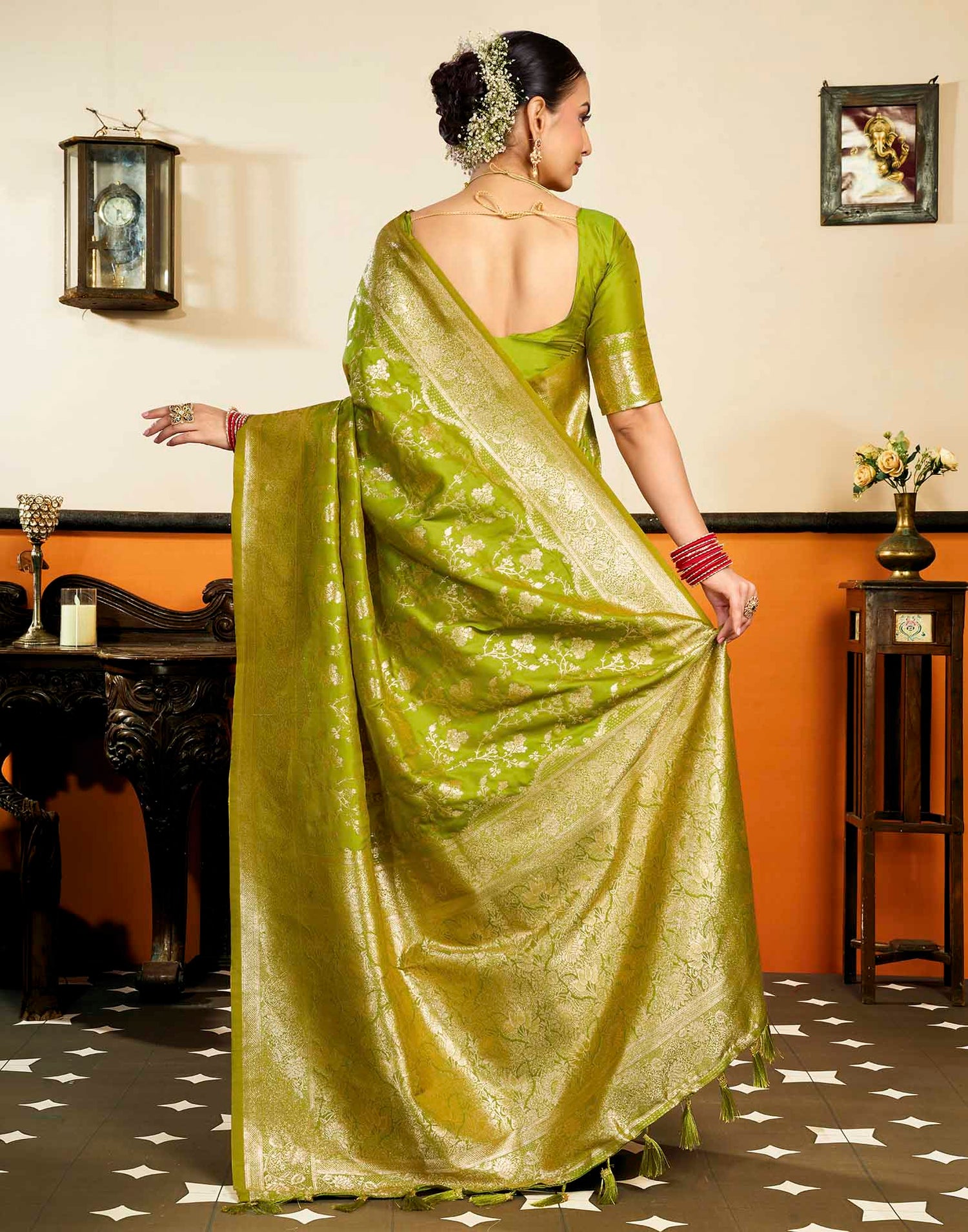 Parrot Green Silk Woven Banarasi Saree