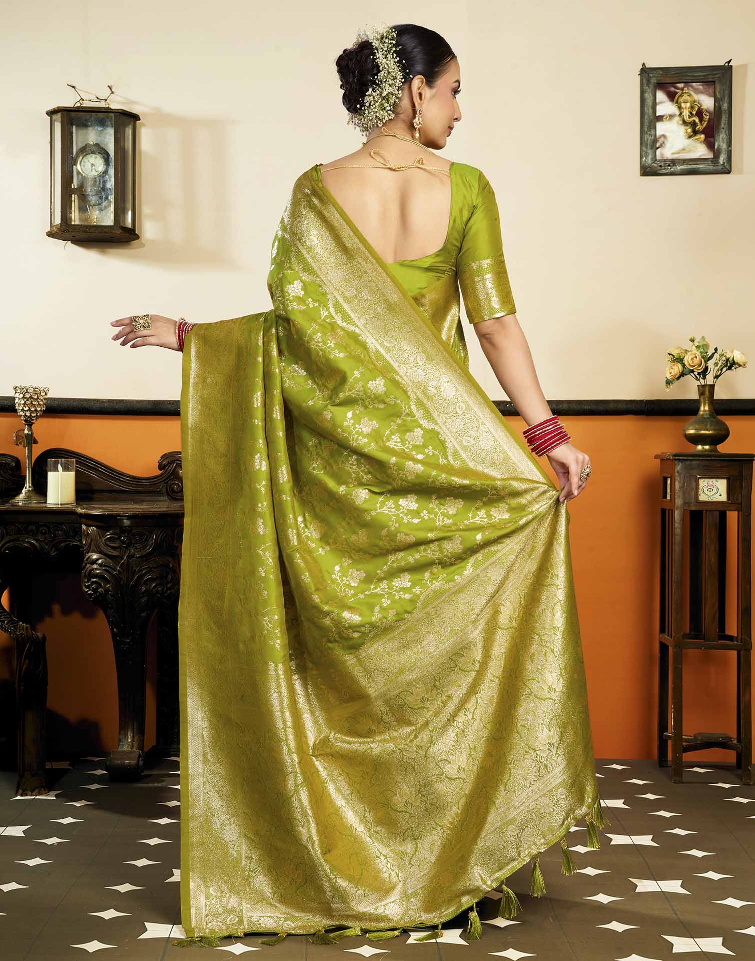 Parrot Green Silk Woven Banarasi Saree