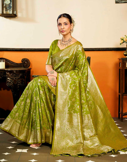 Parrot Green Silk Woven Banarasi Saree