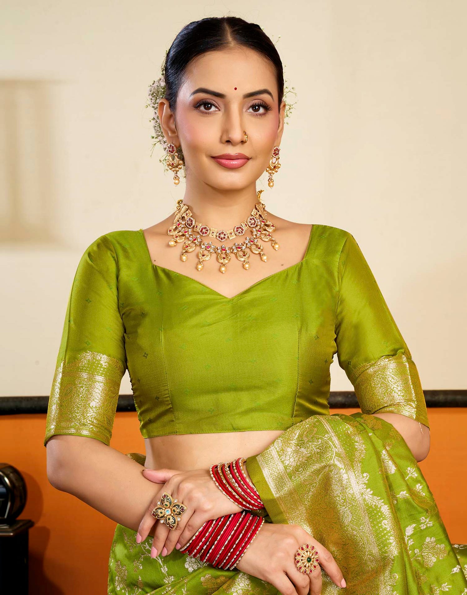 Parrot Green Silk Woven Banarasi Saree