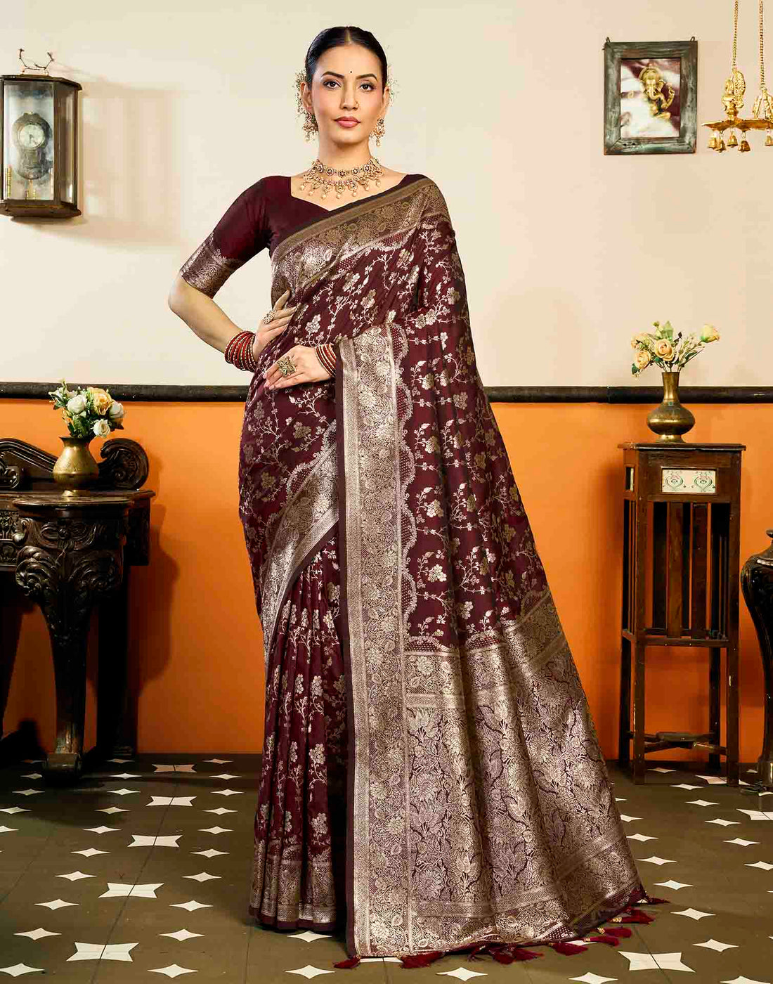 Maroon Silk Woven Banarasi Saree
