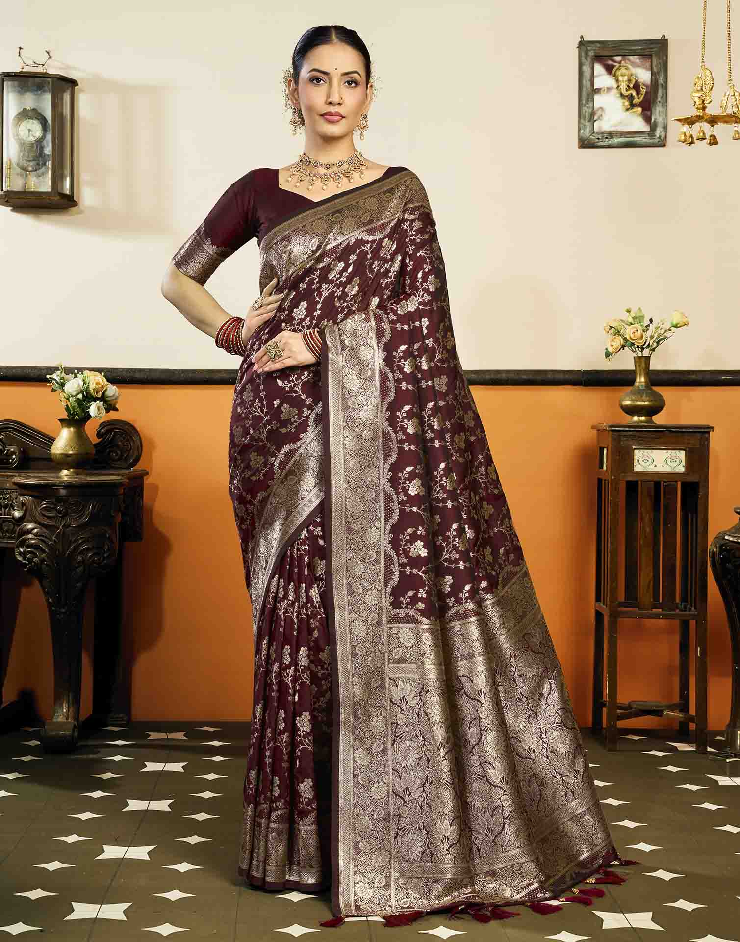 Maroon Silk Woven Banarasi Saree