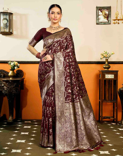 Maroon Silk Woven Banarasi Saree