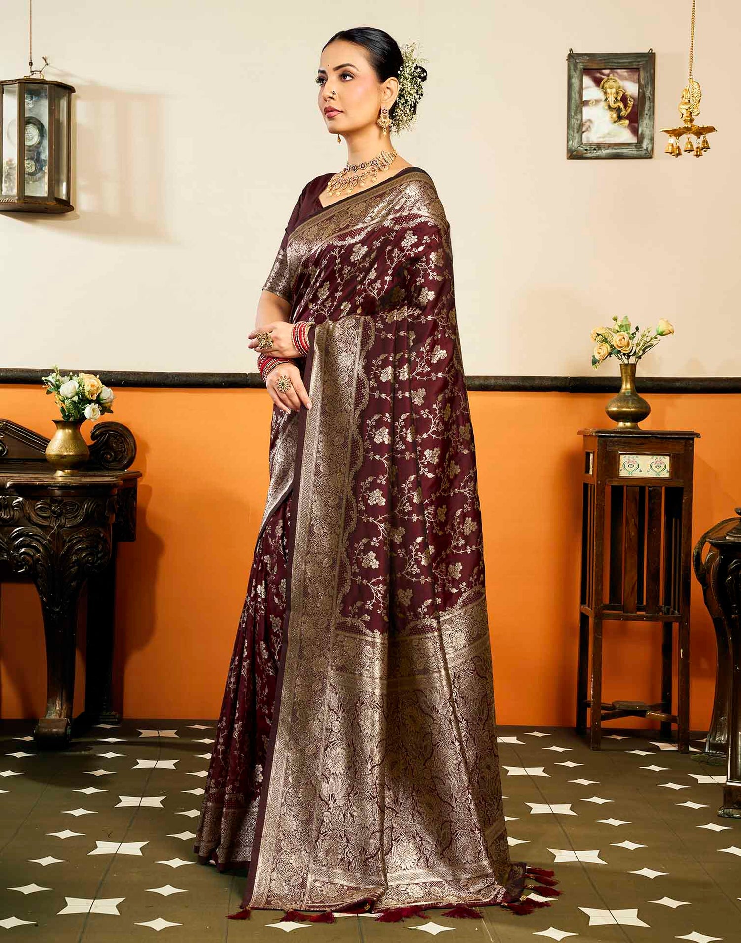 Maroon Silk Woven Banarasi Saree