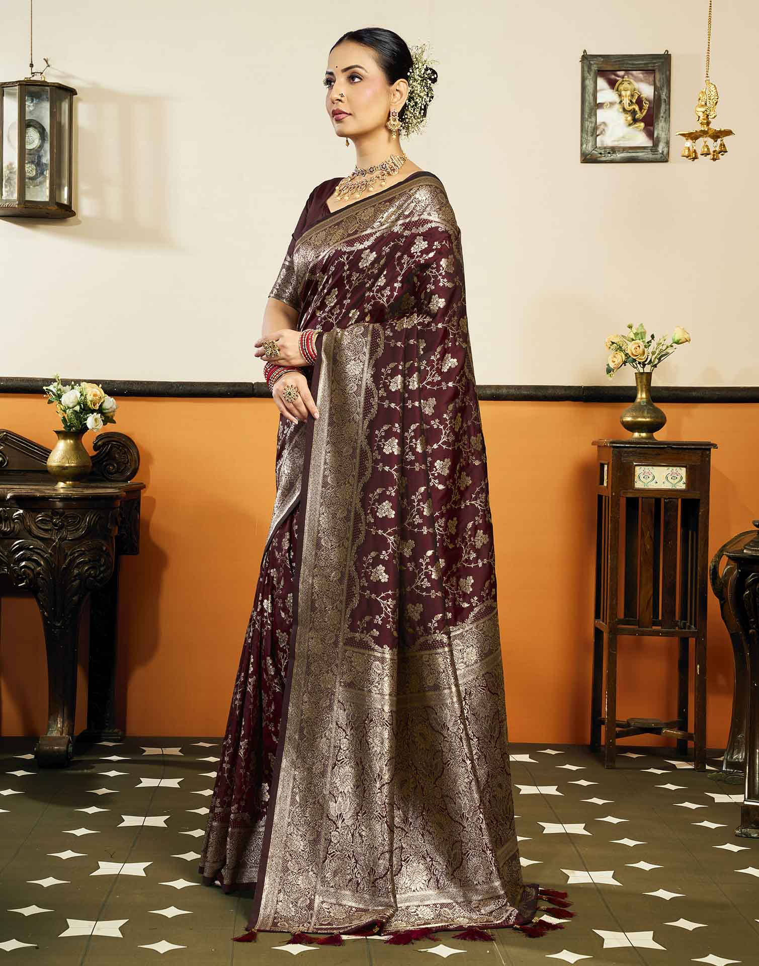 Maroon Silk Woven Banarasi Saree