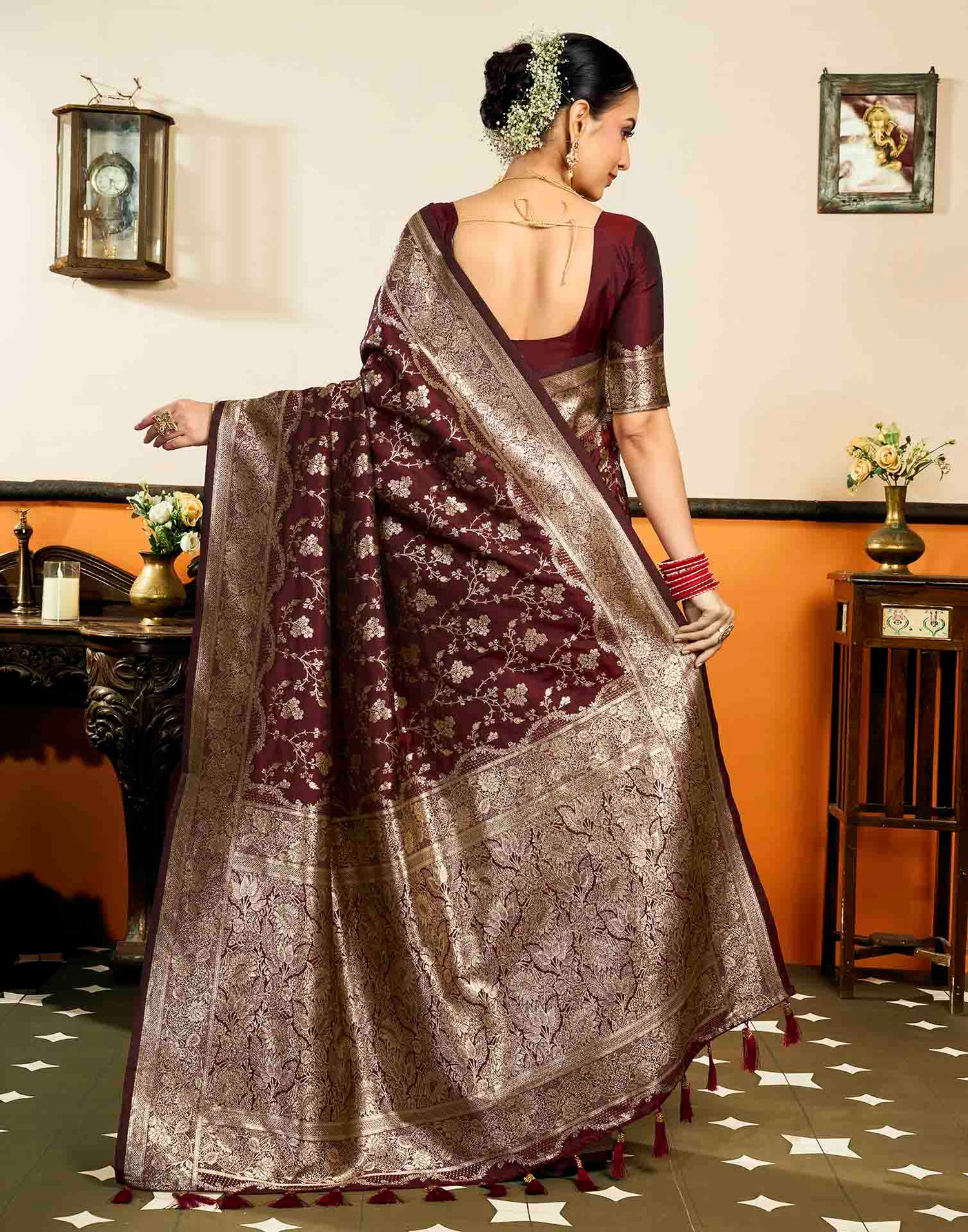 Maroon Silk Woven Banarasi Saree