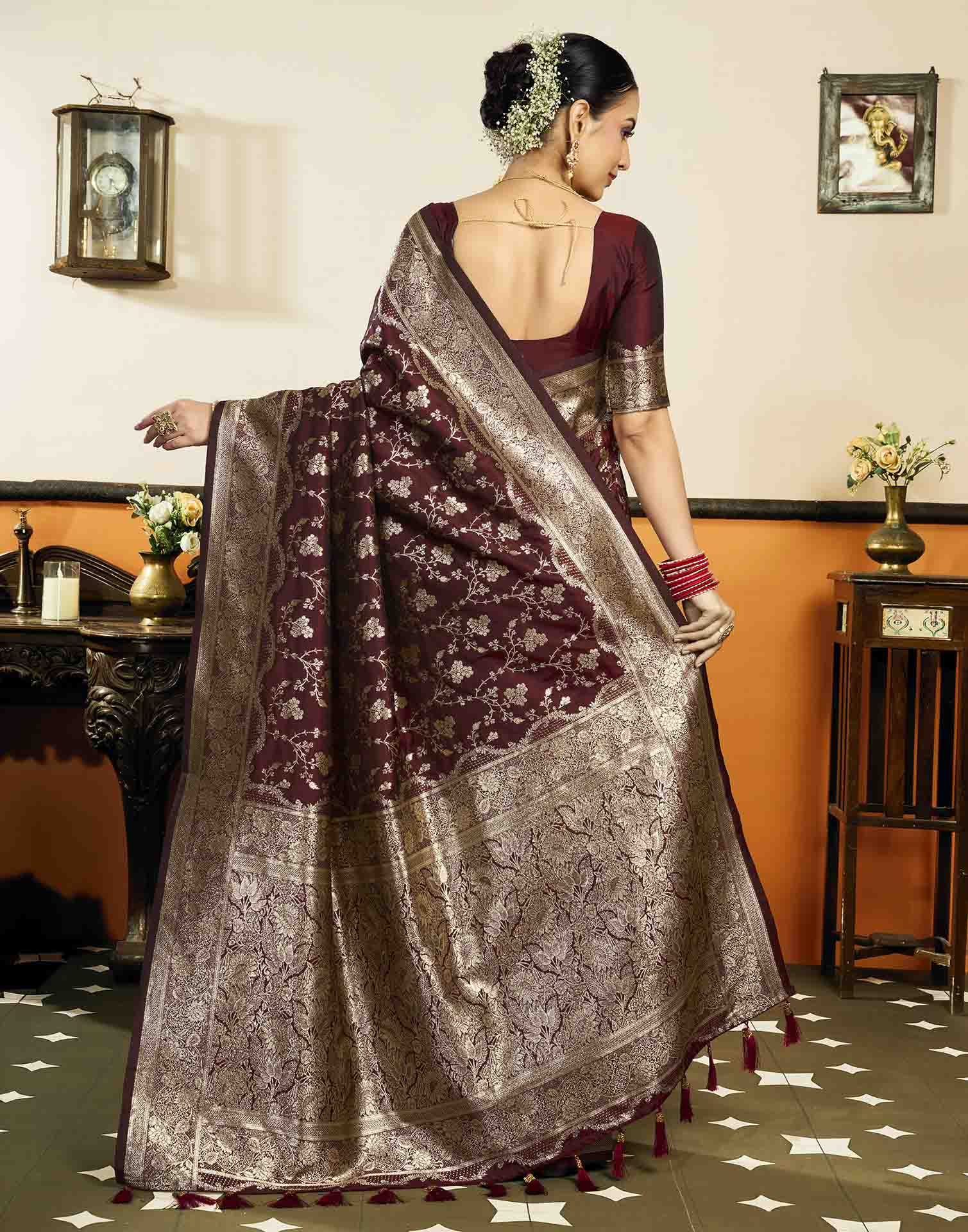 Maroon Silk Woven Banarasi Saree