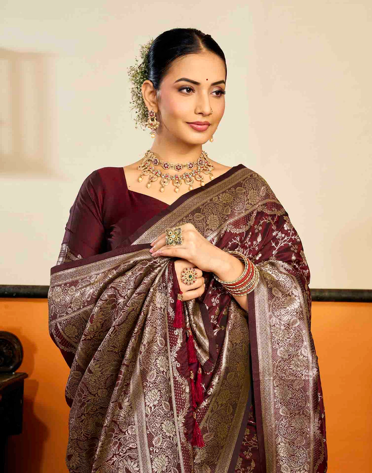 Maroon Silk Woven Banarasi Saree