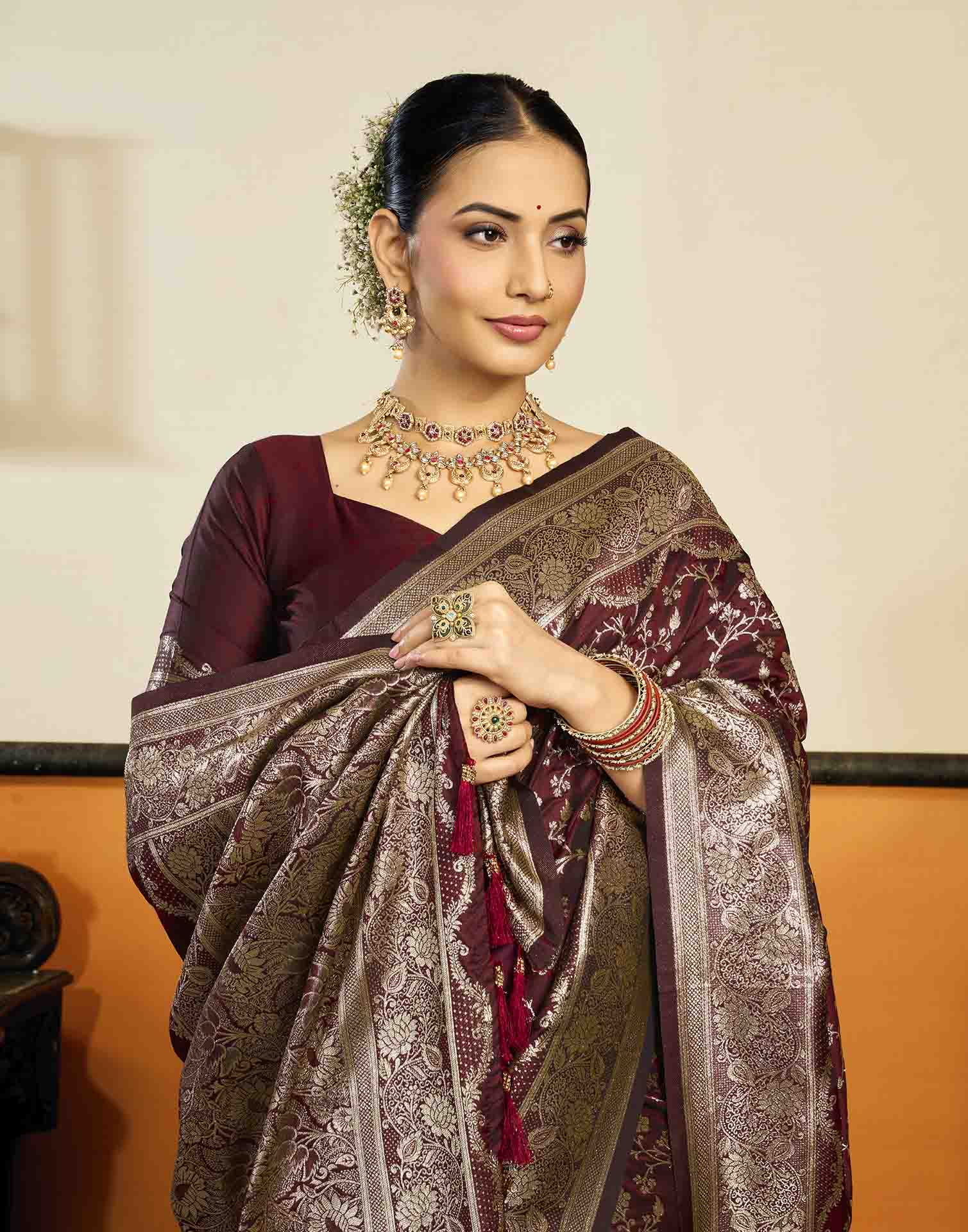 Maroon Silk Woven Banarasi Saree
