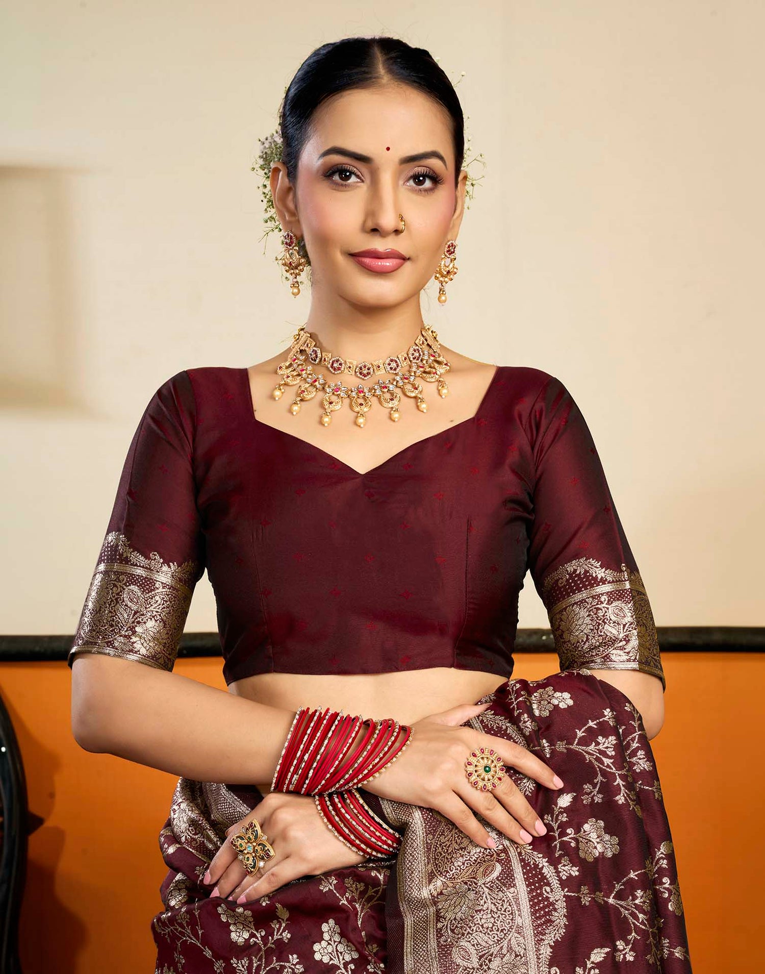Maroon Silk Woven Banarasi Saree