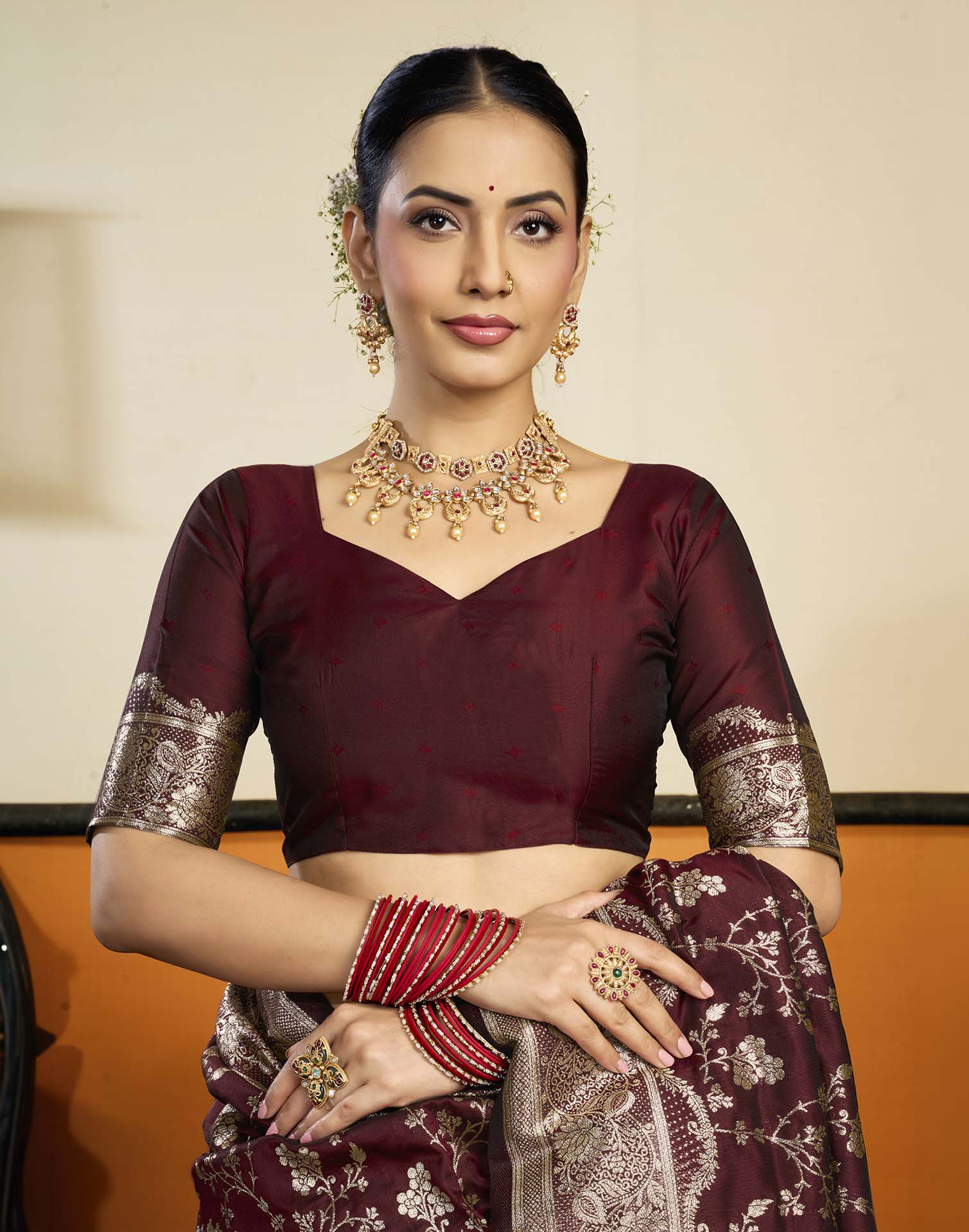 Maroon Silk Woven Banarasi Saree