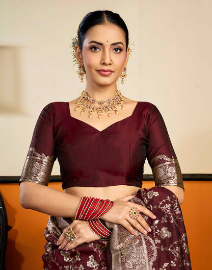 Maroon Silk Woven Banarasi Saree