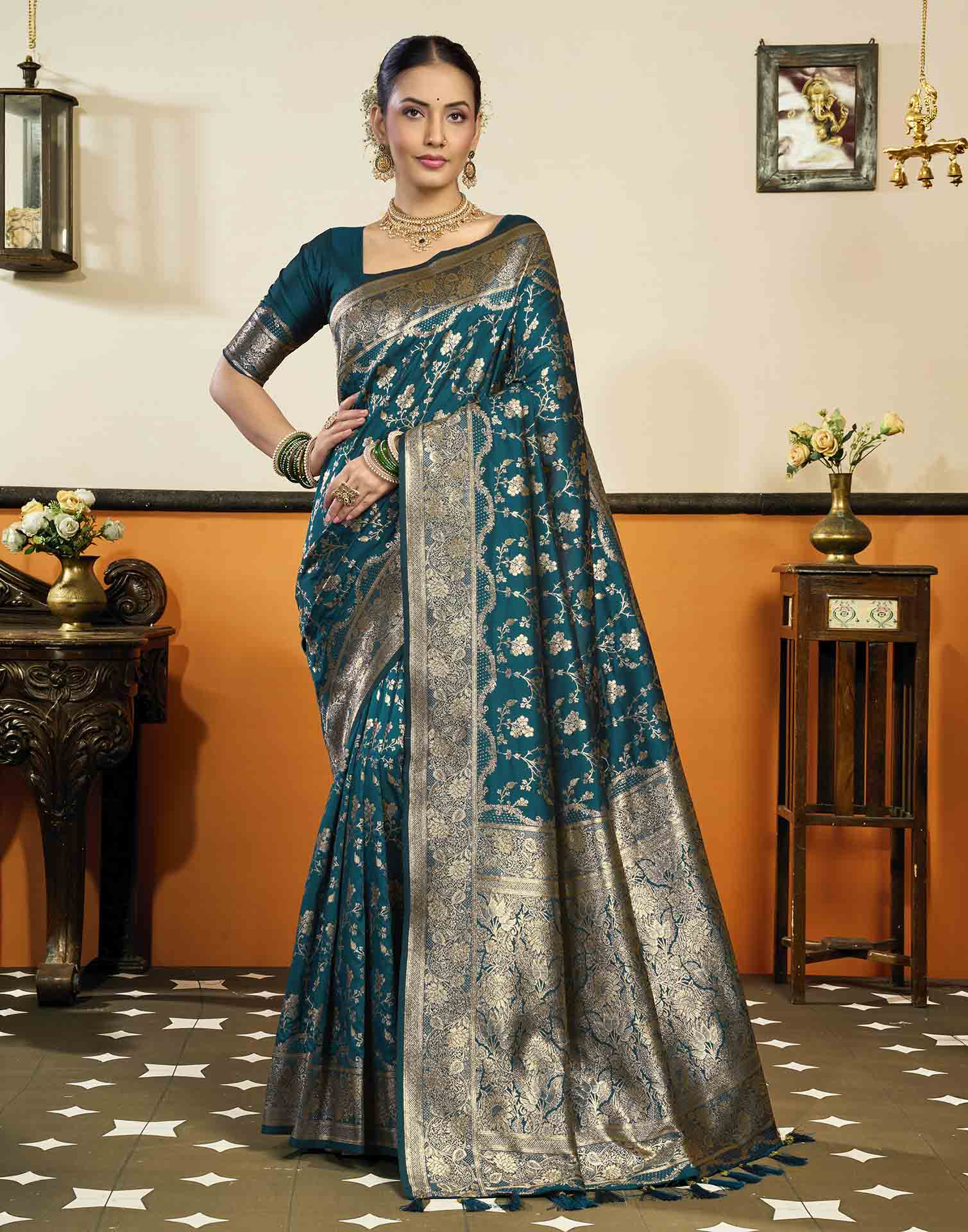Dark Blue Silk Woven Banarasi Saree