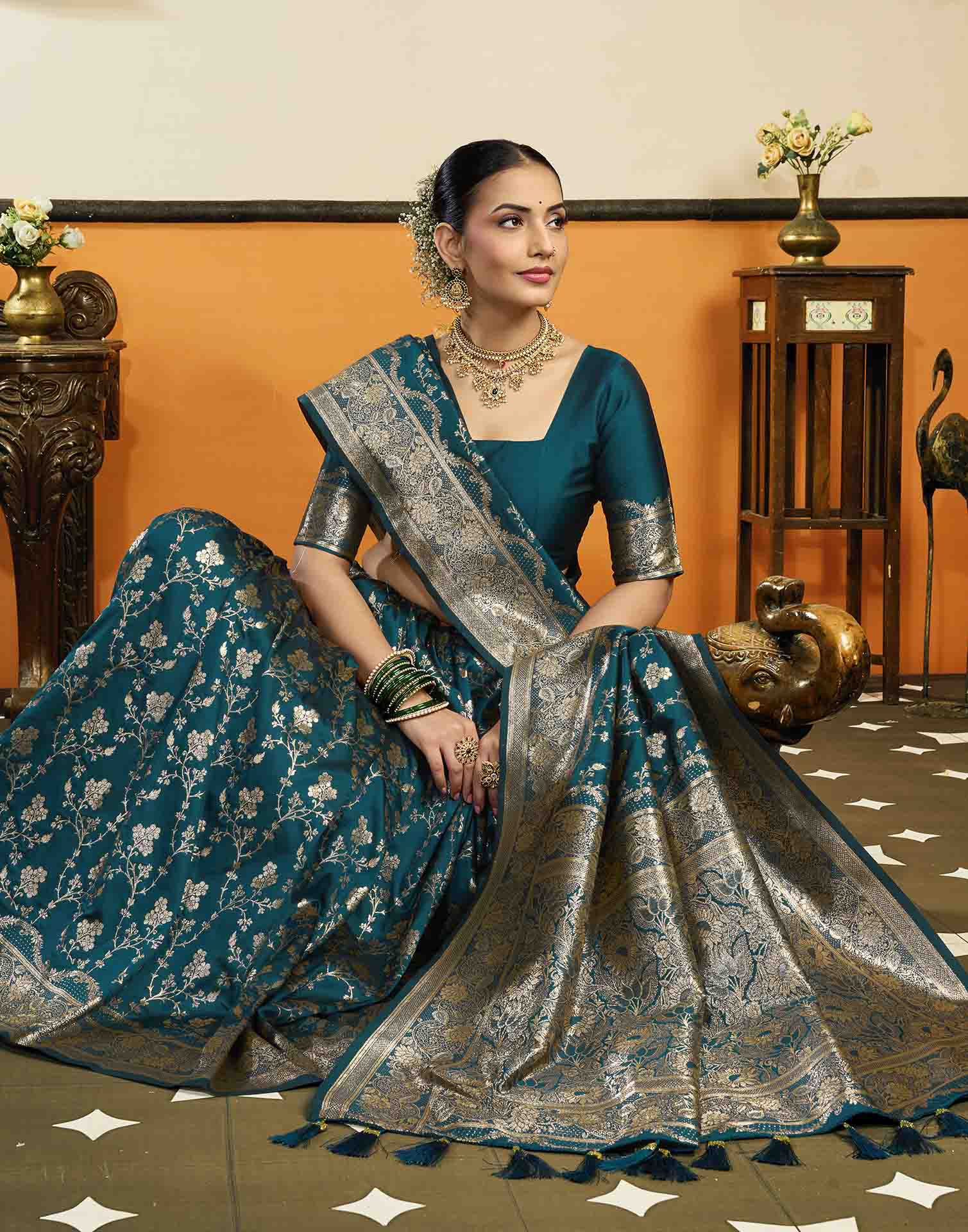 Dark Blue Silk Woven Banarasi Saree