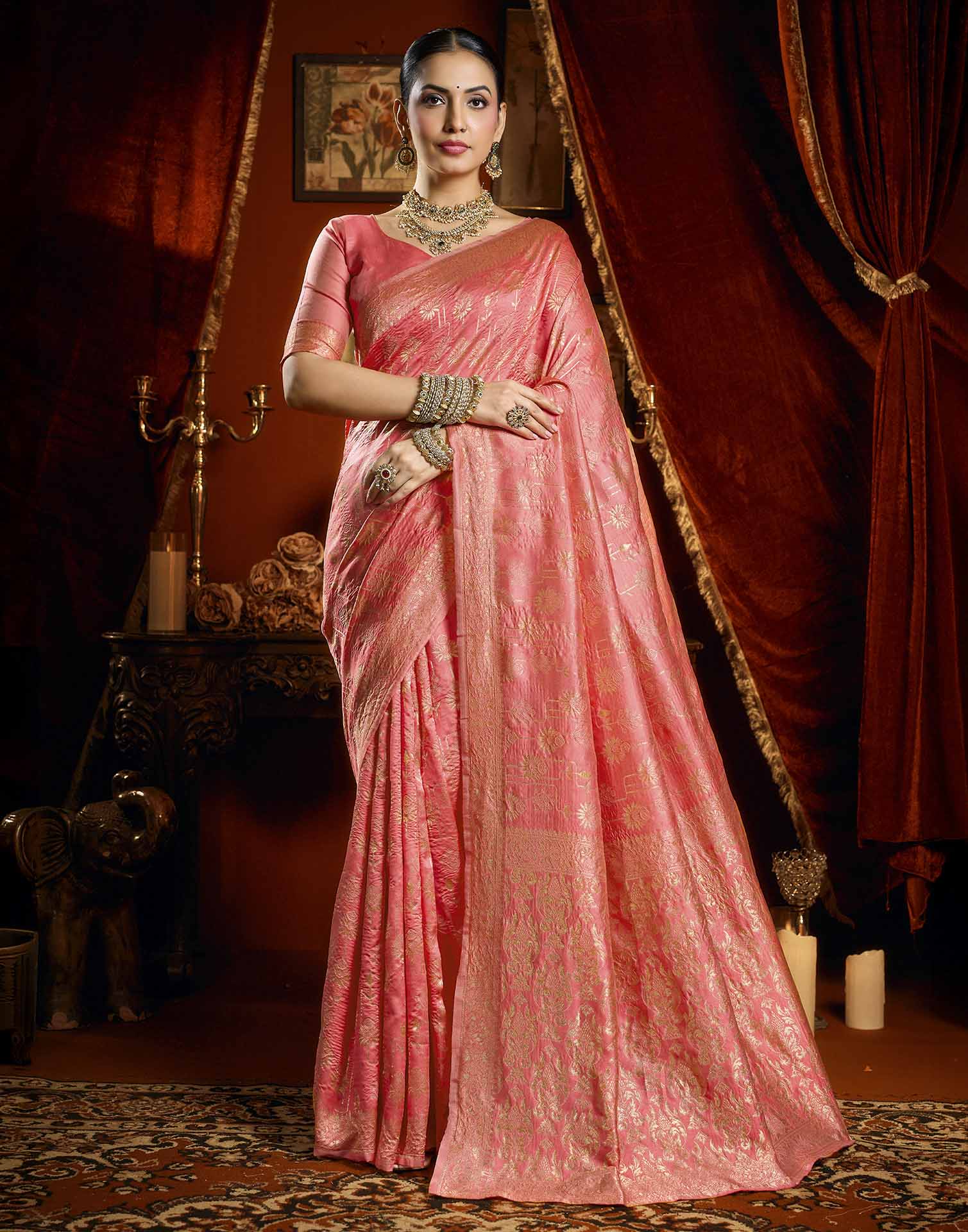 Coral Pink Silk Woven Banarasi Saree