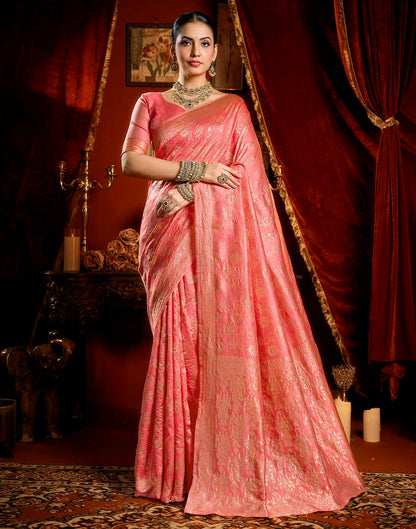 Coral Pink Silk Woven Banarasi Saree