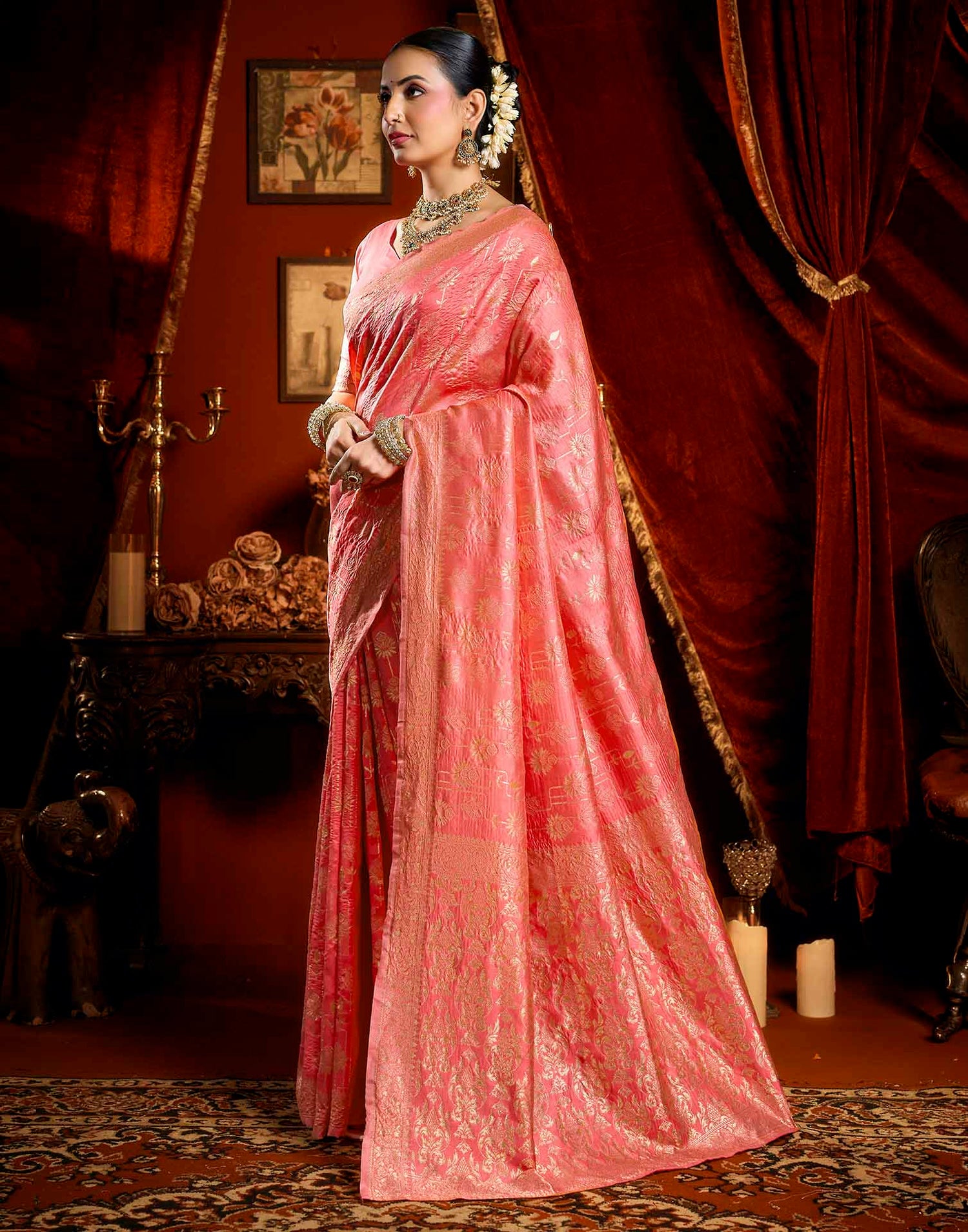 Coral Pink Silk Woven Banarasi Saree