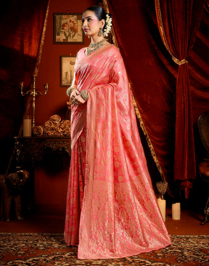 Coral Pink Silk Woven Banarasi Saree