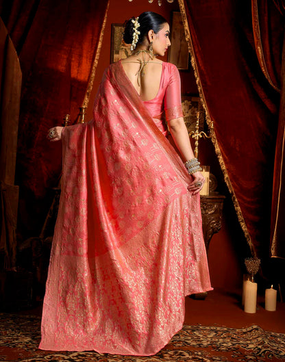 Coral Pink Silk Woven Banarasi Saree