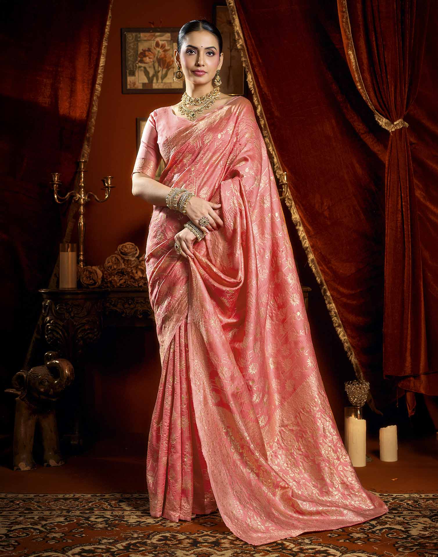 Coral Pink Silk Woven Banarasi Saree