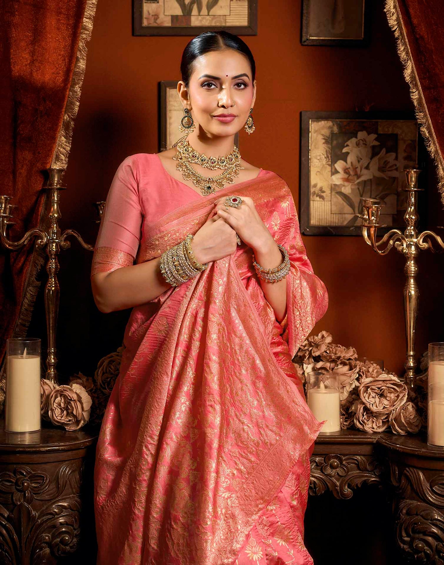 Coral Pink Silk Woven Banarasi Saree